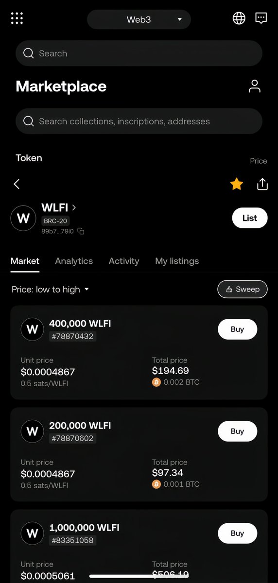 MartianFi's tweet photo. Discover Bitcoin Ecosystem Tokens:
$WLFI #WLFI is a token issued and managed on the Bitcoin blockchain. In the next four years, WLFI will be the first in traffic and the first in hot spots. Bitcoin ecosystem tokens have advantages such as unique names and non-repeatable deployment. With the operation of Bitcoin Thunder, Bitcoin native asset tokens will usher in new hot spots.
Trading method: Open the OKX we3 wallet, click Discover, click NFT, search for WLFI, and you can easily buy it. Open the Binance we3 wallet, click Discover,
Enter the DAPP name (UNISAT) in the search box, connect the wallet and you can easily trade.
$WLFI #WLFI #BITCOIN #TRUMP #GOLDINALS #MELANIA #ElonMusk #BitcoinThunderbolt #BRC20
#Thunderbolt
