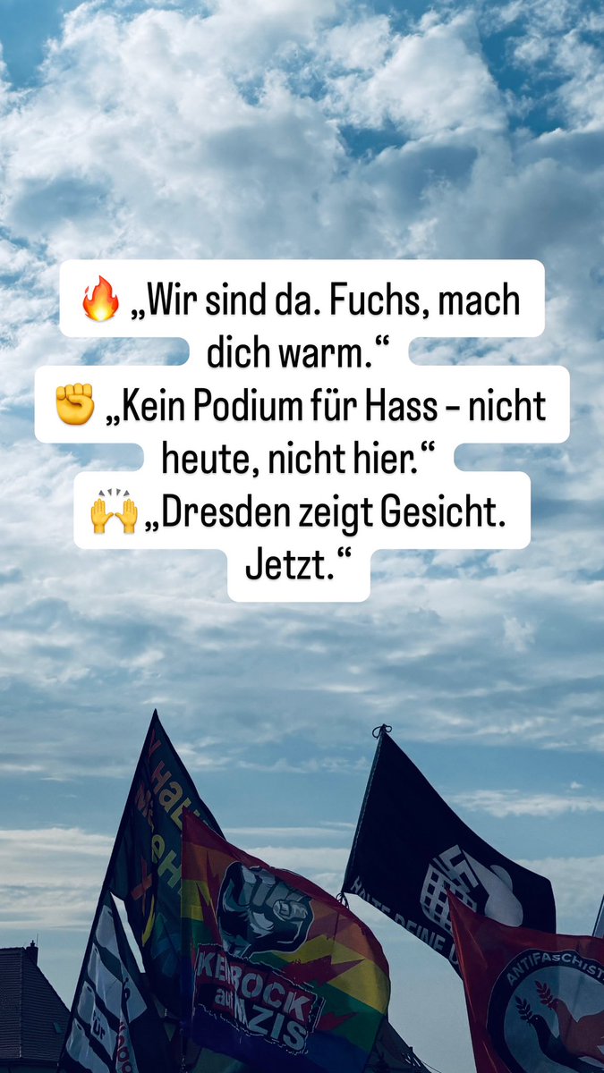 hopedresden's tweet photo. 🔥 „Wir sind da. Fuchs, mach dich warm.“
✊ „Kein Podium für Hass – nicht heute, nicht hier.“
🙌 „Dresden zeigt Gesicht. Jetzt.“. #dd0307 https://t.co/PUfWztQkIj