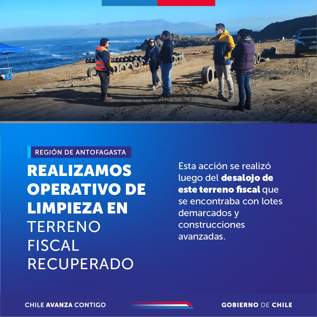 🚜 Tras desalojar una ocupación ilegal en el sector sur de la planta desaladora de Antofagasta, llevamos a cabo un operativo de limpieza con la contratación de un servicio de despeje, limpieza y traslado de escombros.