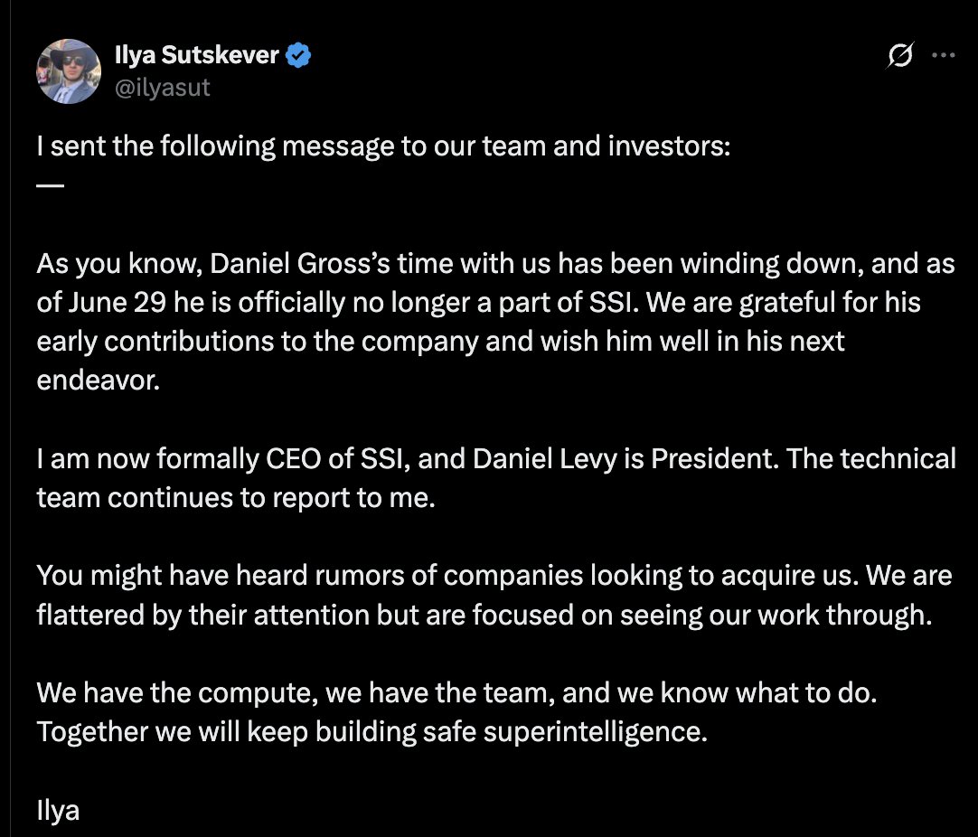 Ilya confirms Daniel Gross is departing his AI startup SSI.

Gross is reported to be hired by Mark Zuckerberg for Meta AI.