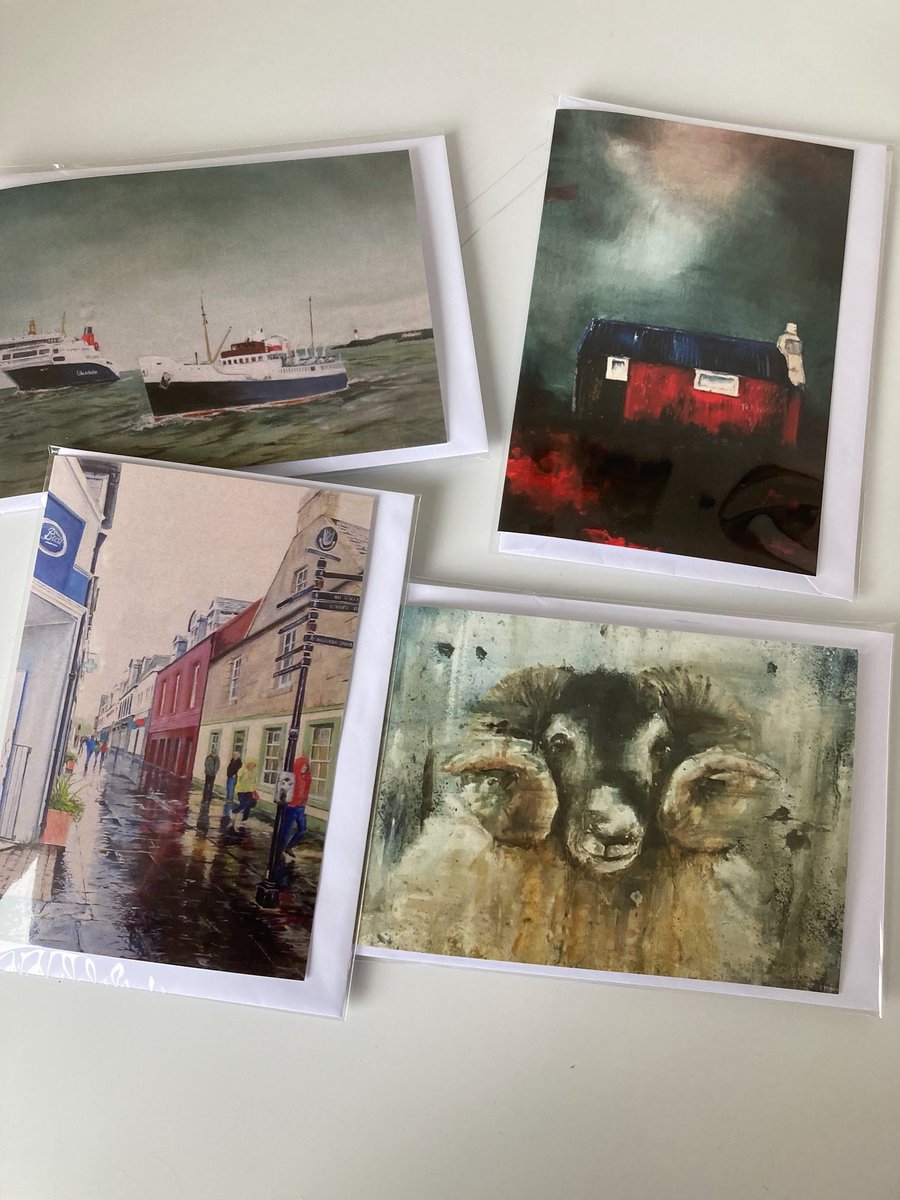 MacleanArtist's tweet image. New card designs, The Loch Seaforths, Hebridean Bothy, Ram and Wet Stornoway #ferry #calmac #ship #boat #ram #sheep #bothy #stornoway #artwork #greetingcards #cards