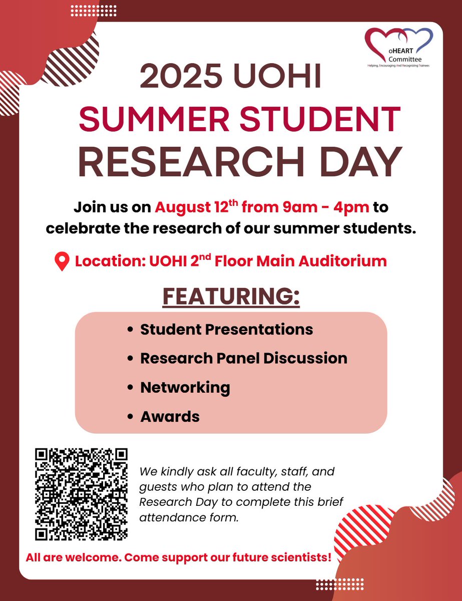 📢 Mark your calendars!

Join us for UOHI Summer Student Research Day
August 12 | 9 AM-4 PM
Location: UOHI 2nd Floor Main Auditorium

Come see the brilliant work of our summer students and support the future of science!

Don’t forget to RSVP using the QR code or link: