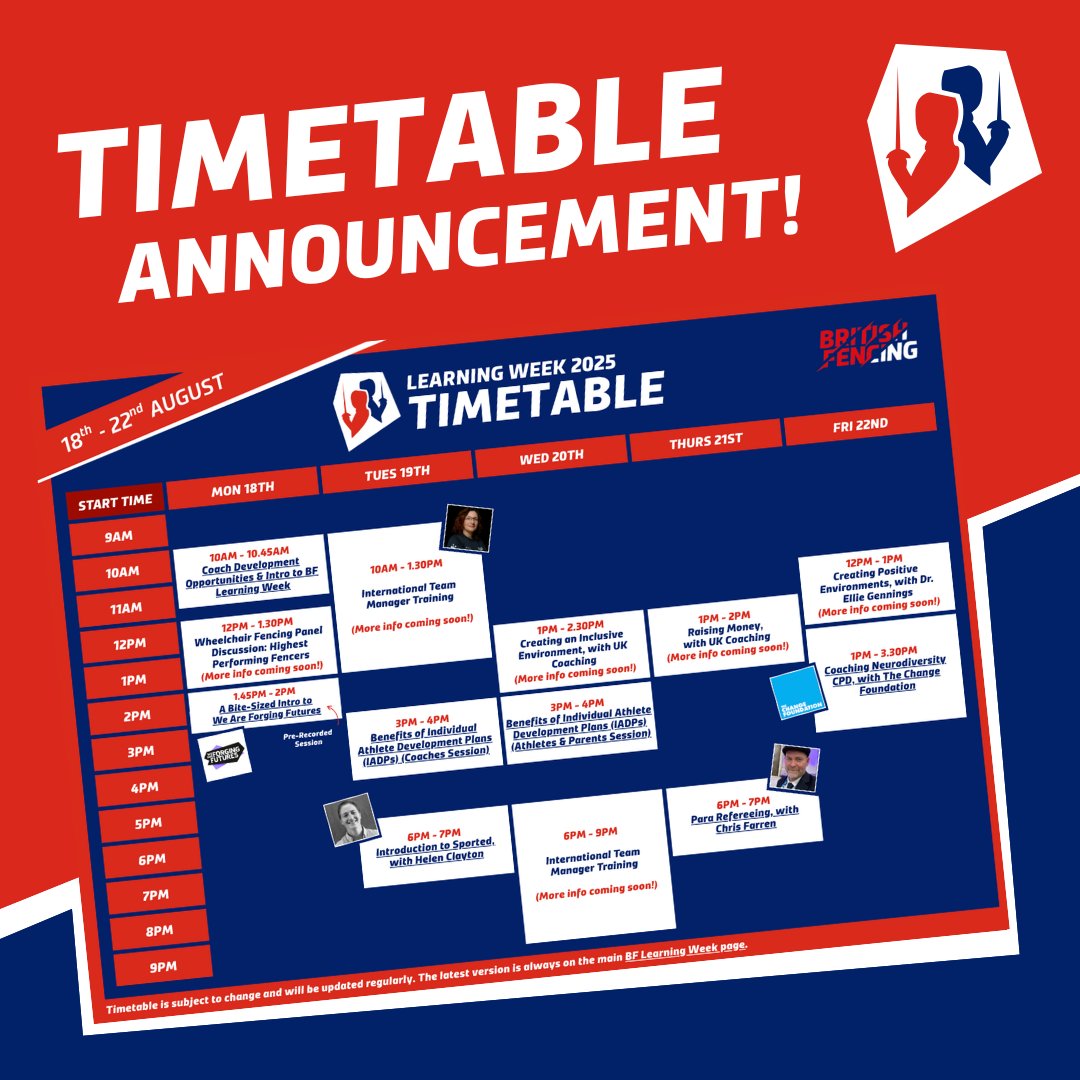 📢 The initial timetable for #BFLearningWeek 2025 has been published!

The timetable will be updated periodically as more events are confirmed, so keep checking the main webpage for new information.

🔗 Visit the BF Learning Week webpage: britishfencing.com/bf-learning-we…