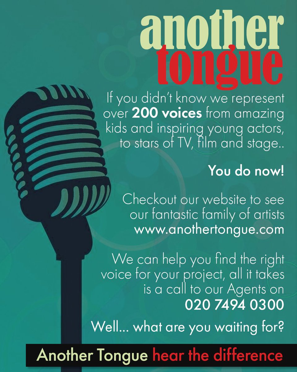 We can help you find the right #voice for your #project no matter what you need.
With an #amazing roster of artists, many of whom can #record from their own #studios finding that perfect voice is just a call away.

What are you waiting for?

Another Tongue hear the #difference