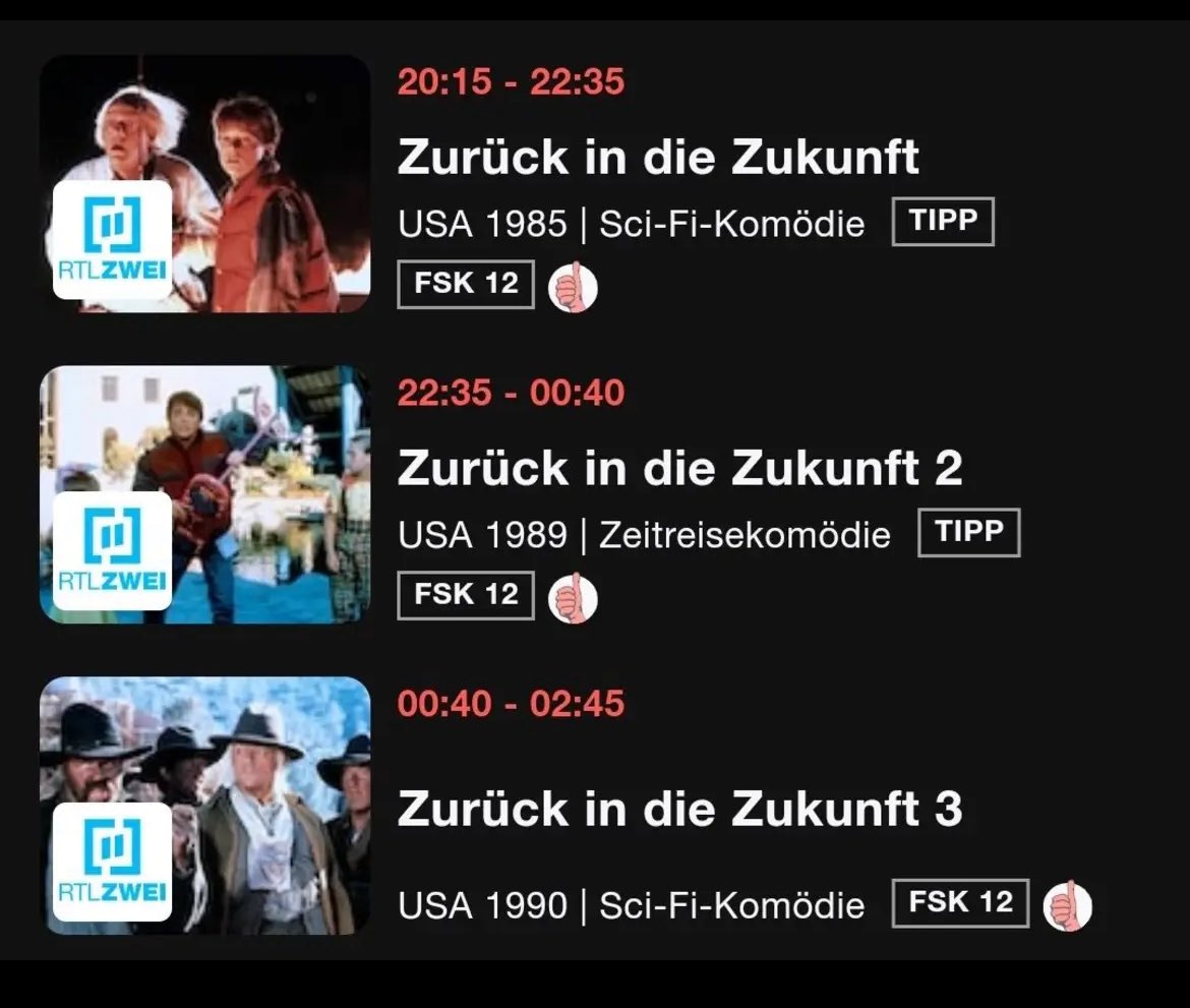 Film Tipp 🤗☺️

Heute Abend sendet RTL 2 alle drei Teile „Zurück in die Zukunft“!