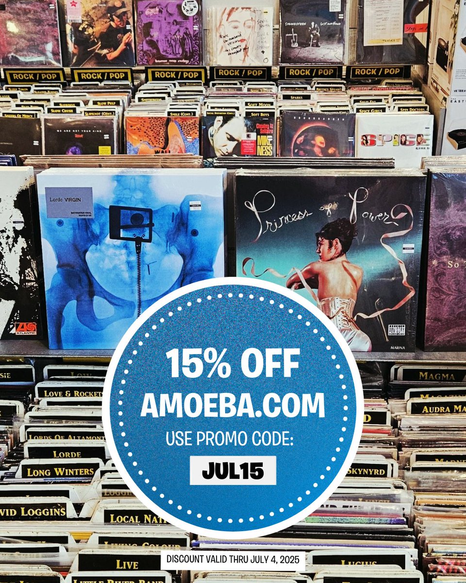✨ We're having a 2-day online sale!! ✨

Use promo code JUL15 for 15% off vinyl, CDs, merch, posters, Blu-ray, &amp; more online at Amoeba.com. Plus, music and movies SHIP FREE to the U.S.!

[Discount not valid in-store. Sale ends July 4, 2025 at 11:59pm PT.]