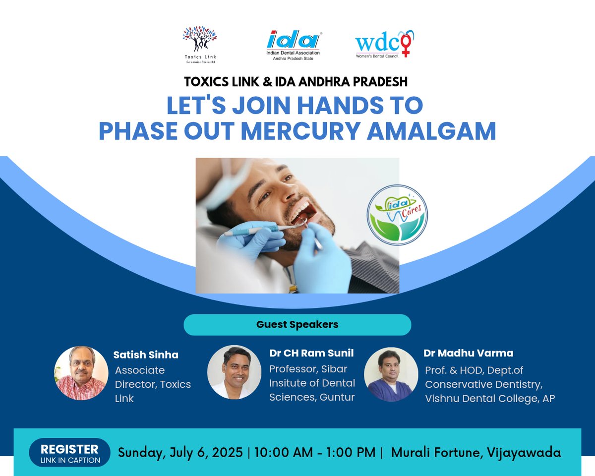 toxicslink's tweet image. #ToxicsLink in collaboration with @ida_head_office  Andhra Pradesh &amp;amp; WDC is organising a meeting on Amalgam Free Dentistry at Vijayawada on July 6, 25

Be a part of the conversation

Register forms.gle/CyeB29etB6KbMh…
#mercuryamalgam #environment #dentistry #mercuryfreedentistry
