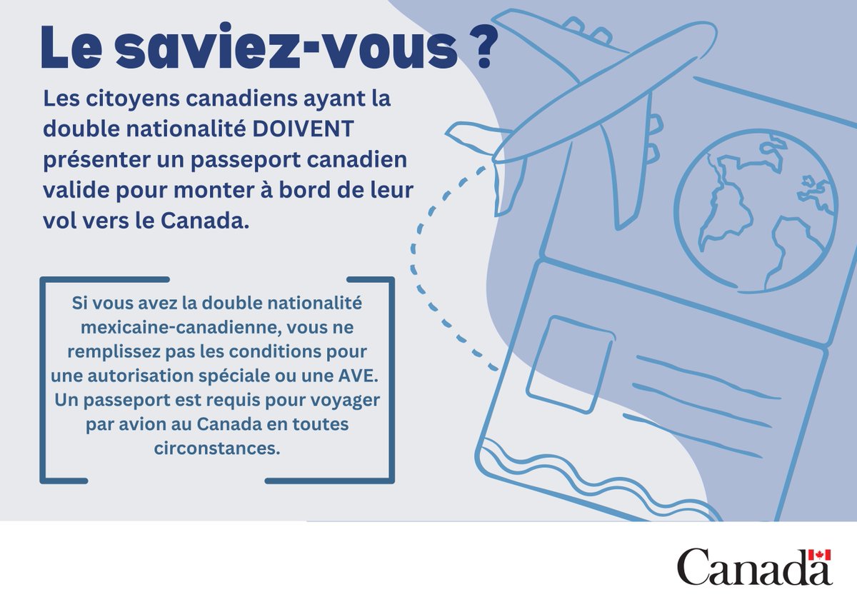 🍁 Citoyens à double citoyenneté 🇲🇽 🇨🇦, attention! 

Si vous voyagez au Canada cet été, ne tardez pas—assurez-vous d'avoir un passeport canadien valide! Faites-en la demande à l'avance et voyagez l'esprit tranquille! ✈️🧳☀️
🌐 ow.ly/4kEV50U8fpf
