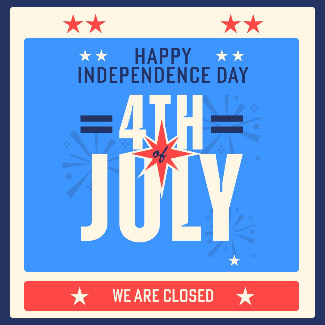 We’ll be closing at 2:30 PM today in celebration of Independence Day and will be closed tomorrow, July 4th.
Wishing everyone a safe and fun holiday! 🎆
We’ll resume normal hours on Monday, July 7th.