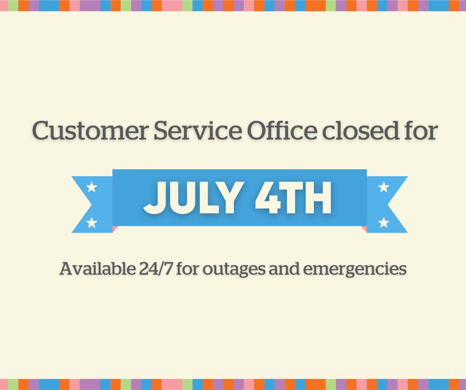 In honor of July 4th, our customer service office will be closed tomorrow! 🎇

However, we're available 24/7 for outages and emergencies. If you lose power, report your outage at oppd.com, using the OPPDconnect app or by calling 1-800-554-6773.