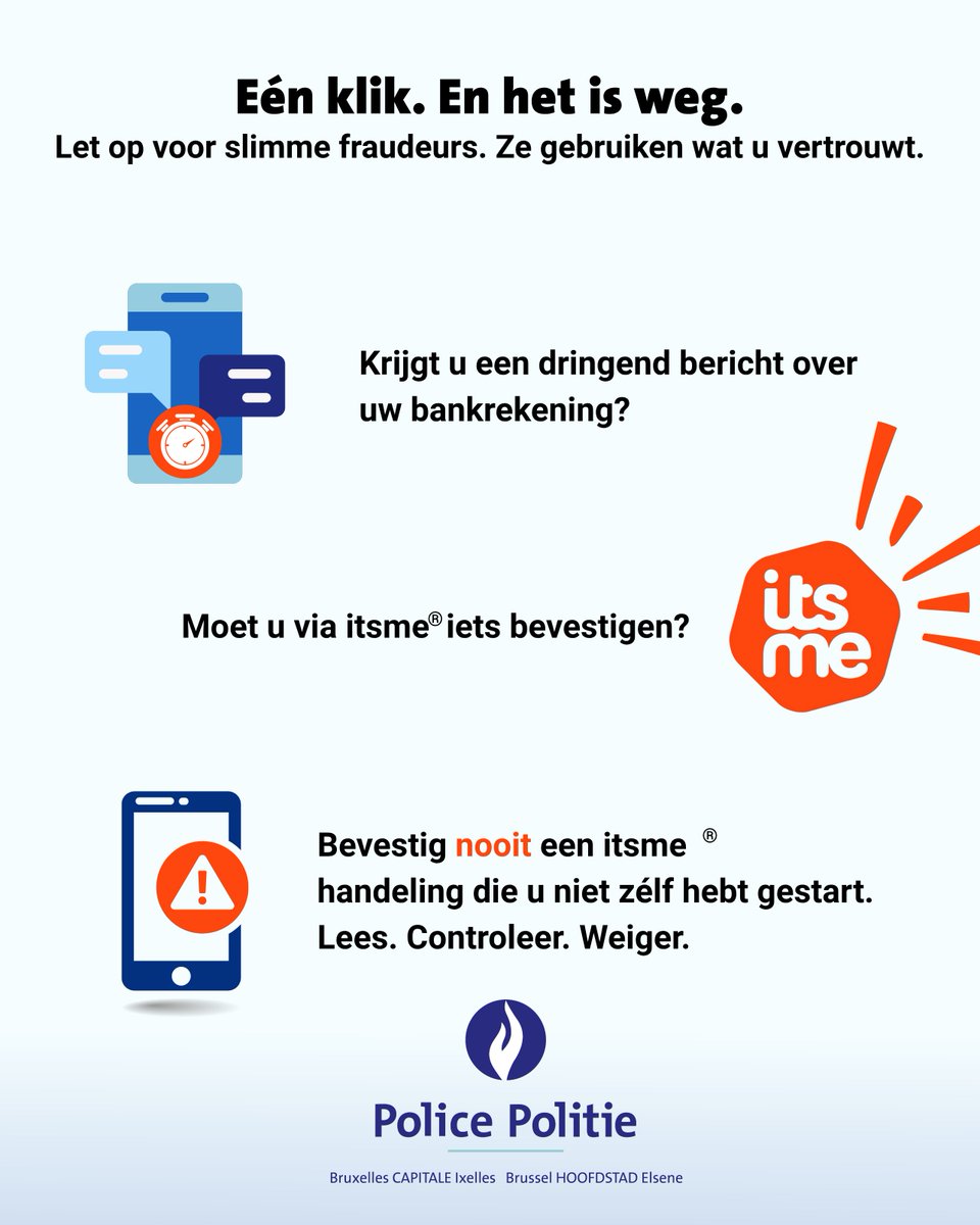 🛑 OPGELET VOOR #OPLICHTING via #itsme®️ 
📱⚠️ Laat u deze zomer niet vangen! 
Fraudeurs doen zich voor als banken, overheidsdiensten of Card Stop om u te misleiden en via de itsme®️-app acties te laten goedkeuren die u zelf nooit heeft gestart.
Het doel? U een frauduleuze