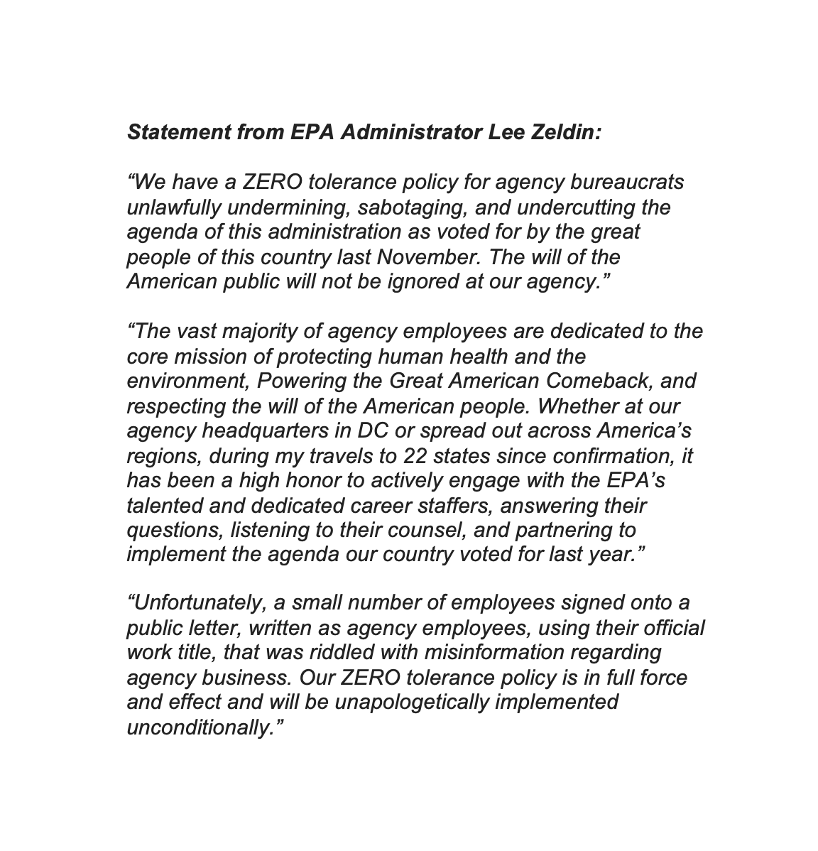 AudreyFahlberg's tweet photo. NEWS: EPA places 144 employees on administrative leave pending further investigation, EPA official confirms to @NRO. Zeldin says a "small fraction" of EPA staffers used official work titles to sign onto public letter (linked below) that was "was riddled with misinformation" https://t.co/eRf0vhB3Oq