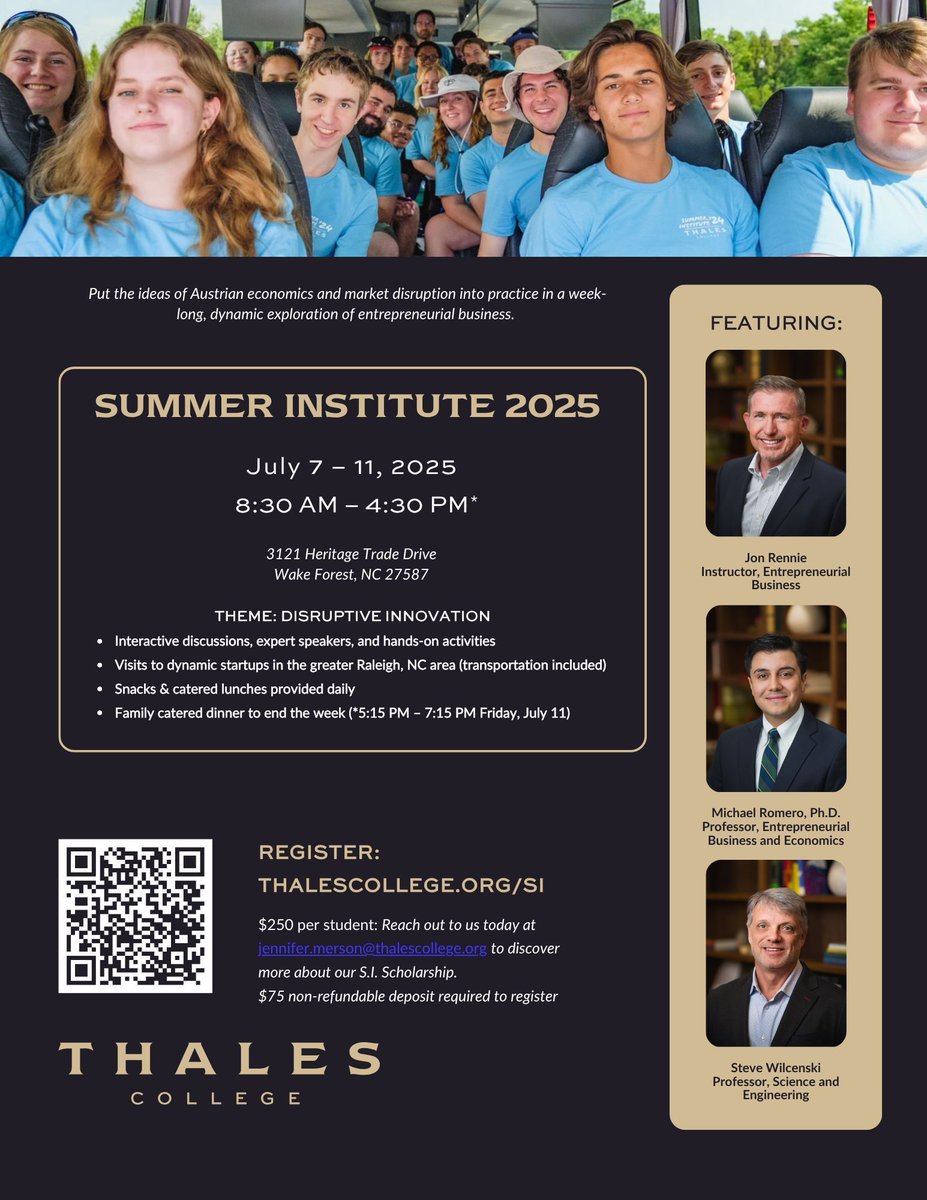 ThalesCollege's tweet image. High schoolers and recent graduates: it's not too late to join us July 7-11 for our dynamic summer program exploring disruptive innovation and entrepreneurship. thalescollege.org/academics/summ…