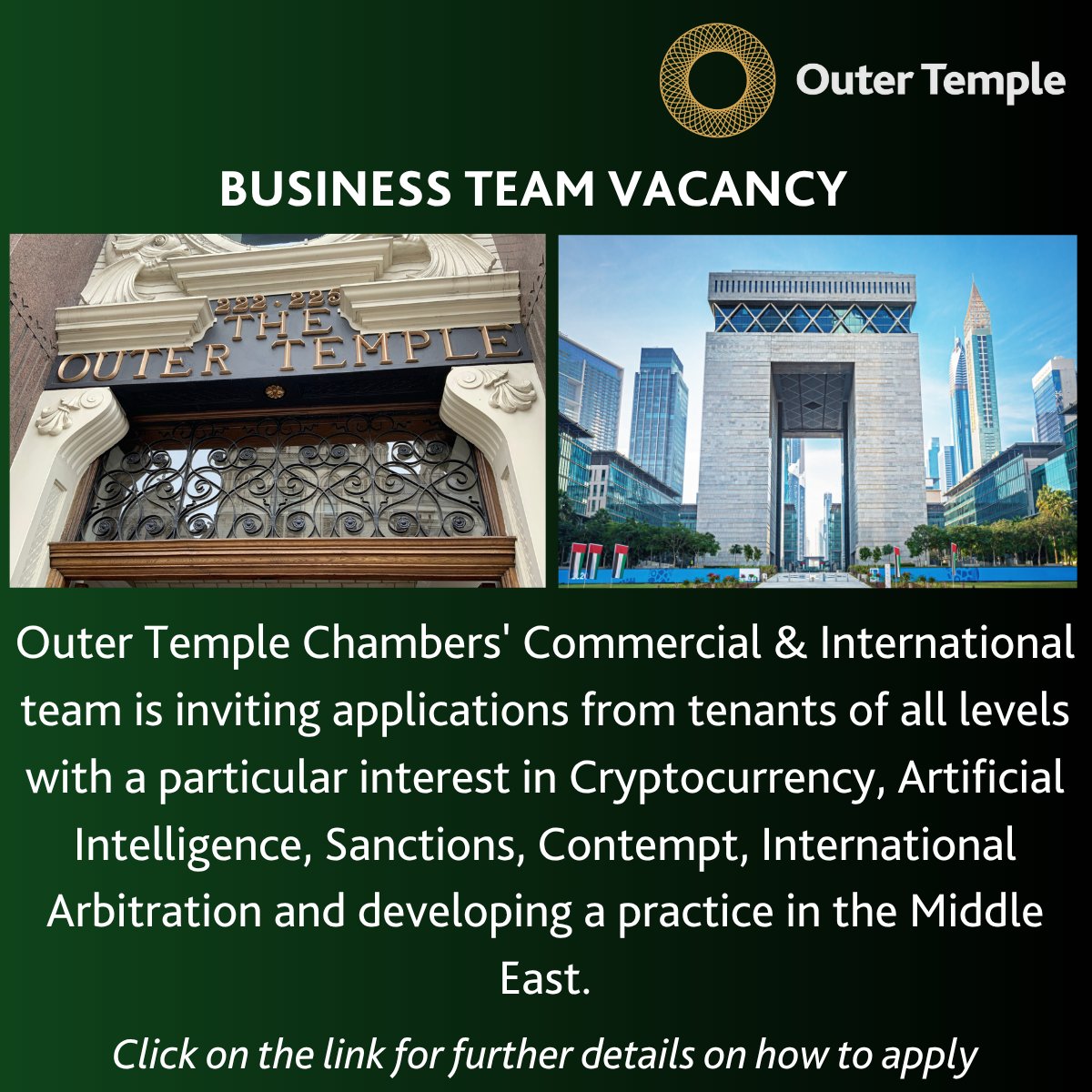 **Business Team Barrister Vacancy - Applications closing 21st July 2025**

Our Commercial &amp; International team is inviting applications from tenants of all levels.

To find out more and to submit your application, click here: outertemple.com/join-our-team/…