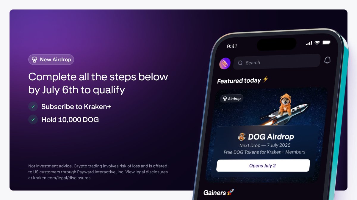 Leonidas 🧡 $DOG (@leonidasnft) on Twitter photo There will be a $50,000 $DOG airdrop on <a href="/krakenfx/">Kraken Exchange</a> on July 6th 🪂
To qualify all you need to do is:
1. Subscribe to Kraken+
2. Hold 10,000 $DOG (~$42)
Repost to spread awareness! There will be a $50,000 $DOG airdrop on <a href="/krakenfx/">Kraken Exchange</a> on July 6th 🪂
To qualify all you need to do is:
1. Subscribe to Kraken+
2. Hold 10,000 $DOG (~$42)
Repost to spread awareness!