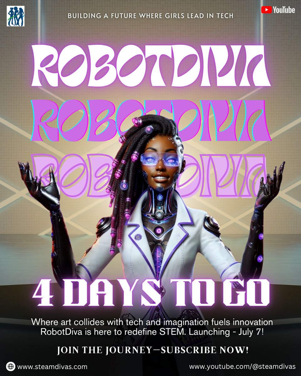 SteamDivas's tweet image. 💡 4 days until your imagination meets innovation!
RobotDiva is almost here—bringing robots to life in ways you’ve never seen before.
🎬 Hit subscribe and be part of the story.
buff.ly/Sn31rVV
#RobotDiva #ArtMeetsTech #FutureMakers