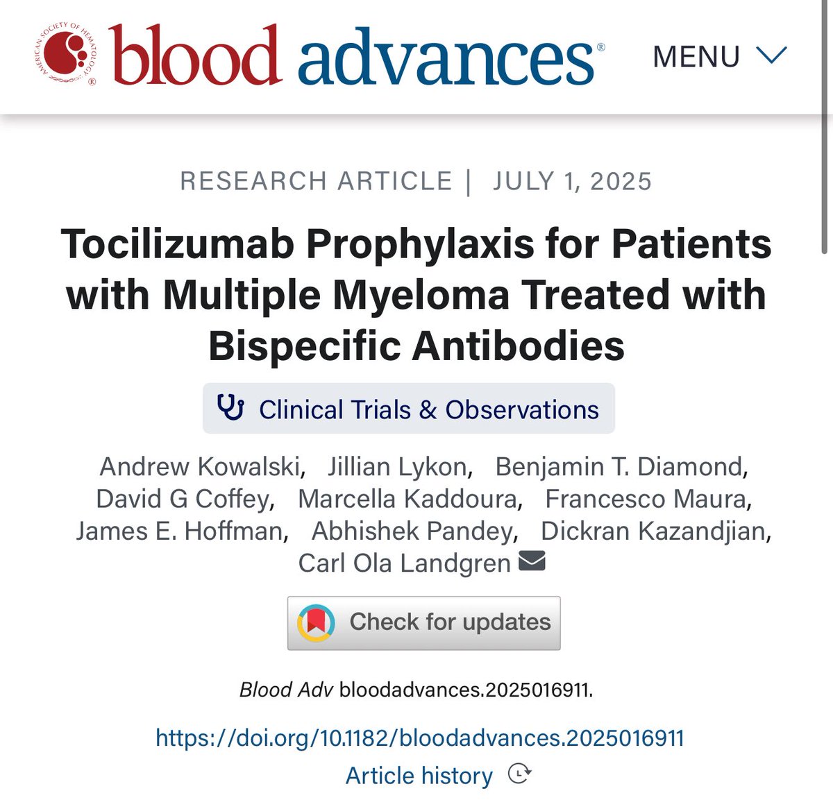Abdallah81MD's tweet photo. 🚨 Tocilizumab Prophylaxis for Patients with Multiple Myeloma Treated with Bispecific Antibodies
Critical to Move all Future BiTEs to outpatient especially in community clinics

🧵1/Can we prevent CRS in myeloma patients receiving bispecific antibodies?
New real-world data from @SylvesterCancer suggests yes — with prophylactic tocilizumab.
Let’s break down the findings in @BloodAdvJournal. 👇
#mmsm #MedEd #MedTwitter #USMIRC @OncoAlert @USMIRCNEWS #myeloma #سرطان_الدم #المايلوما