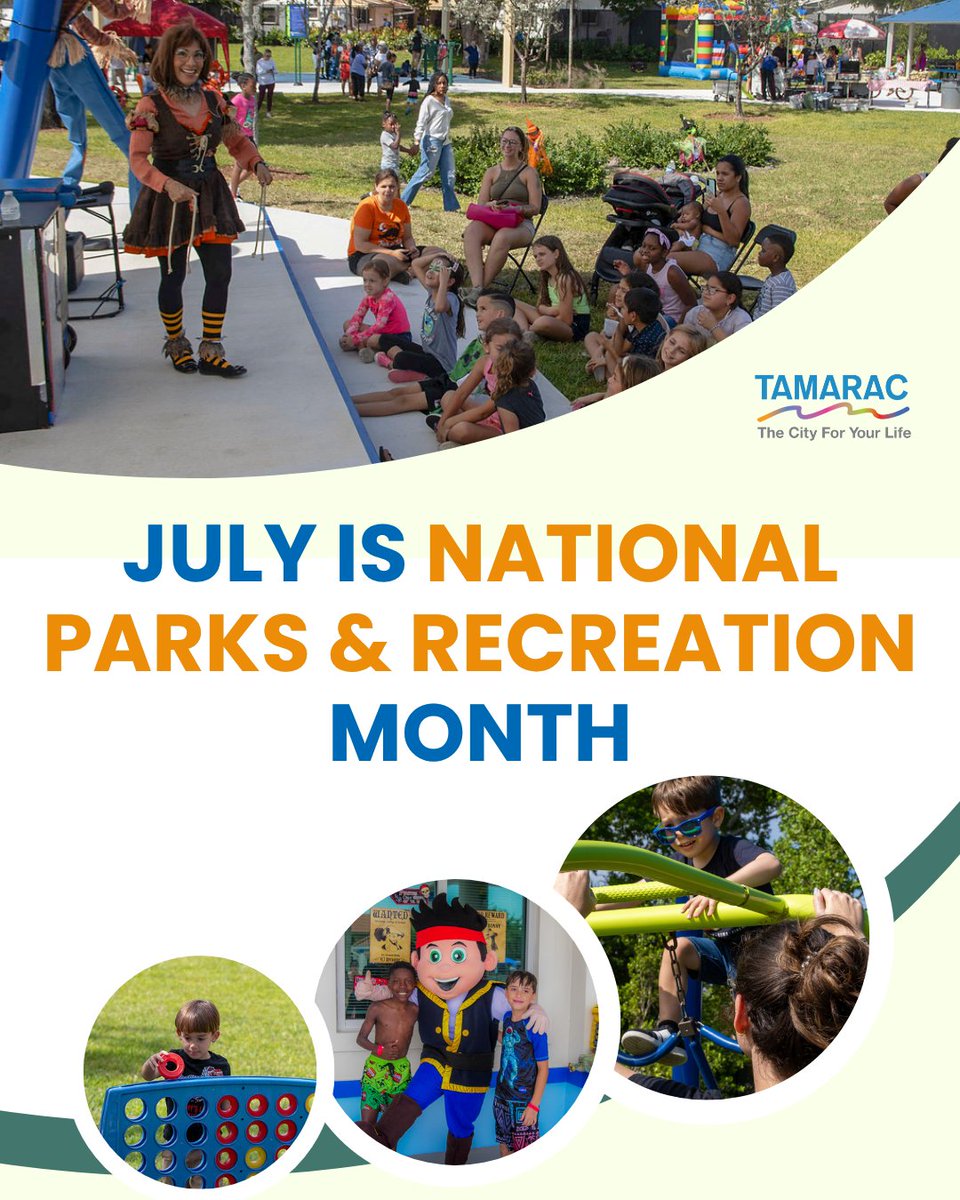 July is National Parks and Recreation Month! This month we celebrate the pride of Tamarac, our City’s 11 parks, and the staff who create exciting recreation experiences for residents and visitors. Celebrate by visiting one of the wonderful parks!
tamarac.gov/233!