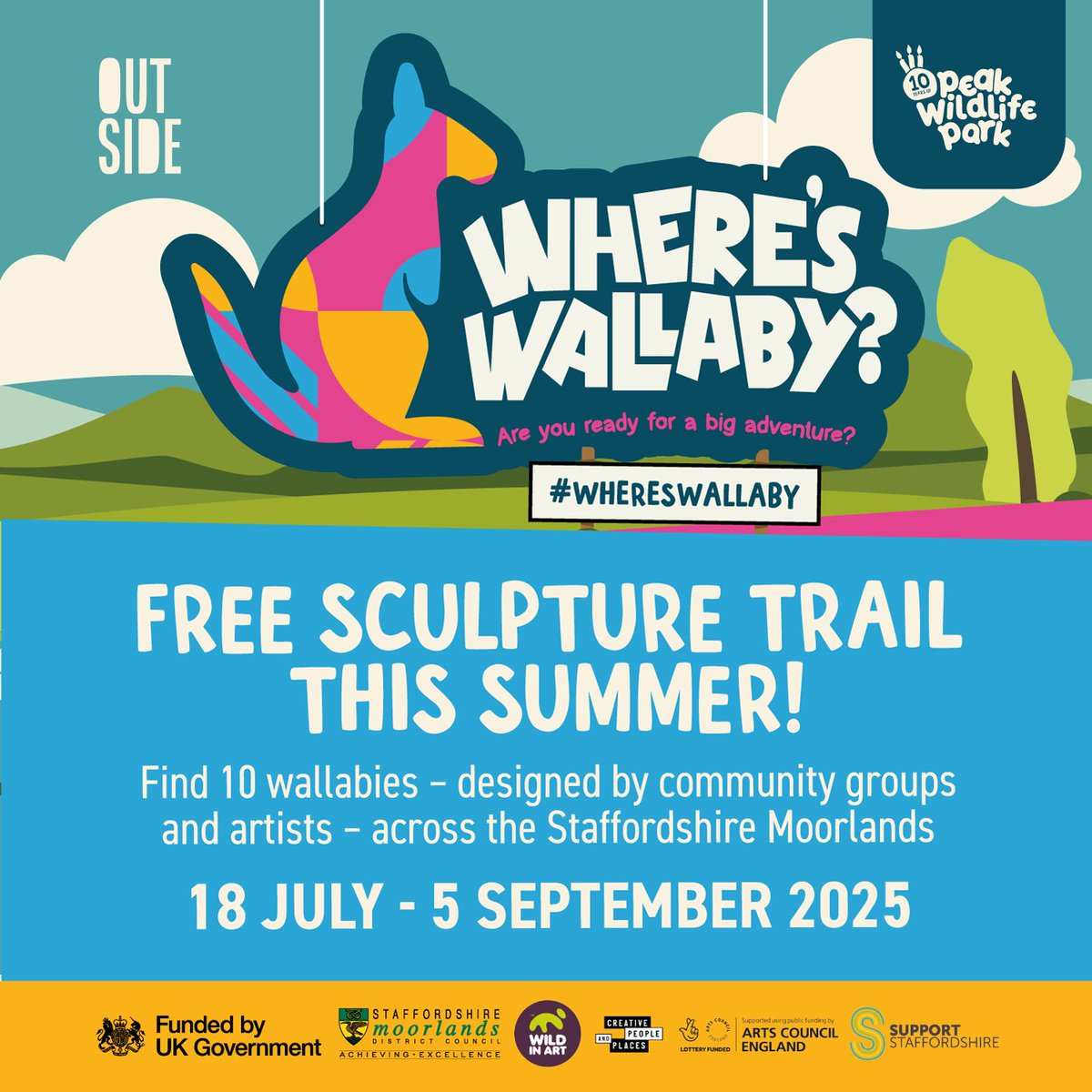 Visit Staffordshire (@enjoystaffs) on Twitter photo Can YOU find the wallabies on the free sculpture trail in the Staffordshire Moorlands this summer?
For the 10th anniversary of <a href="/PeakWP/">Peak Wildlife Park</a>, a mob of colourful, quirky wallaby sculptures has hopped into towns, villages and beauty spots across the district.
🔗peakwildlifepark.co.uk/whats-on/where… Can YOU find the wallabies on the free sculpture trail in the Staffordshire Moorlands this summer?
For the 10th anniversary of <a href="/PeakWP/">Peak Wildlife Park</a>, a mob of colourful, quirky wallaby sculptures has hopped into towns, villages and beauty spots across the district.
🔗peakwildlifepark.co.uk/whats-on/where…