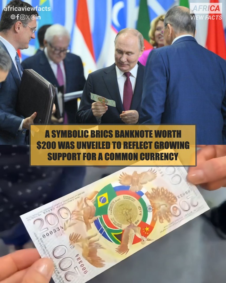AfricaViewFacts's tweet photo. A symbolic BRICS banknote worth $200 was unveiled at the St. Petersburg-2025 International Economic Forum.

BRICS plans a new currency for trade to reduce reliance on the US dollar and explore a blockchain payment system.

US President Donald Trump strongly opposes it. https://t.co/Ylpvma5Gac