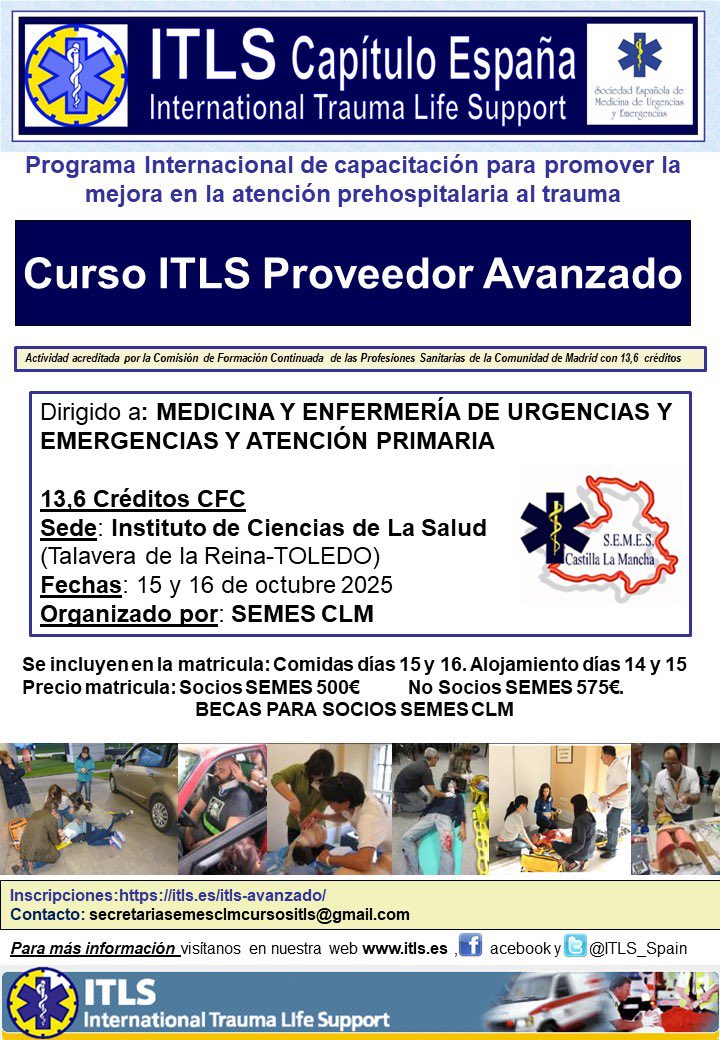 SEMES ITLS-España (@itls_spain) on Twitter photo Curso <a href="/ITLS/">International Trauma Life Support (ITLS)</a> #ITLSAvanzado organizado por <a href="/SEMESCLM/">SEMES CLM</a> en Talavera de la Reina, Toledo, fase presencial 15 y 16 de octubre de 2025.
Parte presencial con 10 estaciones de destreza y 6 escenarios simulados.
Info secretariasemesclmcursositls@gmail.com
#MejorandoLaAtencionAlTraumaGrave Curso <a href="/ITLS/">International Trauma Life Support (ITLS)</a> #ITLSAvanzado organizado por <a href="/SEMESCLM/">SEMES CLM</a> en Talavera de la Reina, Toledo, fase presencial 15 y 16 de octubre de 2025.
Parte presencial con 10 estaciones de destreza y 6 escenarios simulados.
Info secretariasemesclmcursositls@gmail.com
#MejorandoLaAtencionAlTraumaGrave