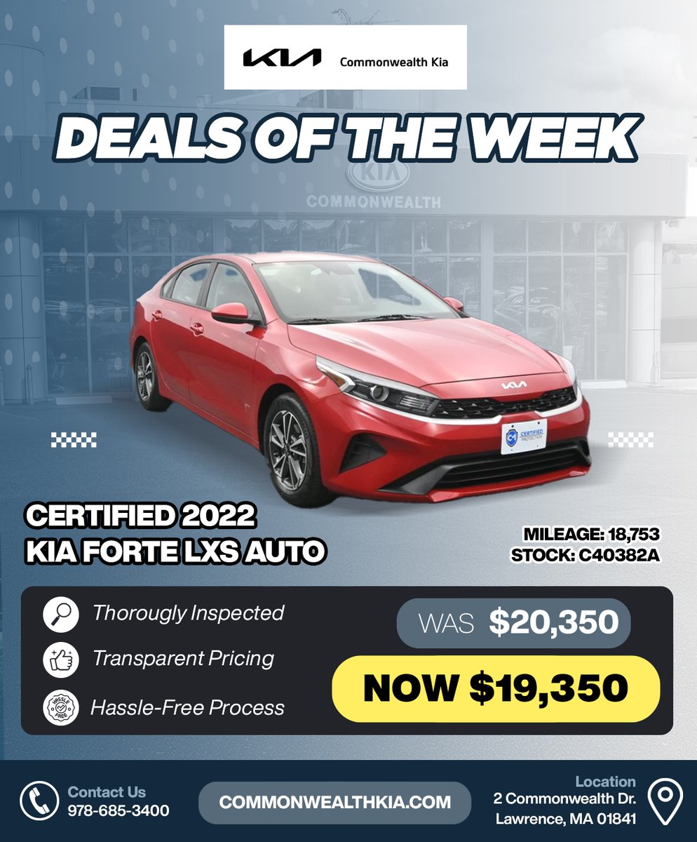CMKIA_'s tweet image. 🔥 Pre-Owned Deals of the Week at Commonwealth Kia! 🔥
Choose from 500+ certified and pre-owned vehicles — all inspected and priced to move! Find your perfect fit and drive away with confidence.
👉 Start shopping at CommonwealthKia.com
#KiaDeals #UsedCarSavings #LawrenceMA