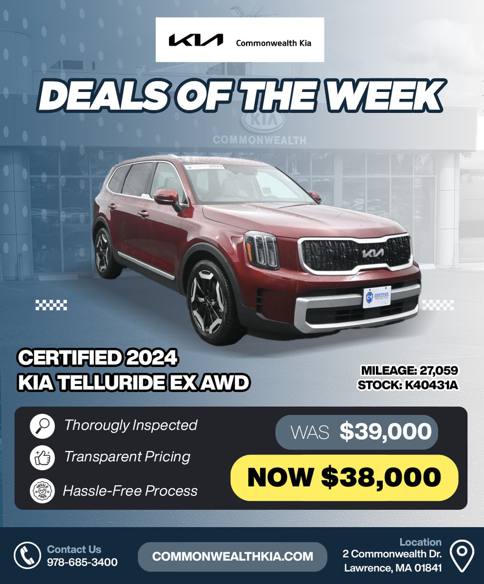 CMKIA_'s tweet image. 🔥 Pre-Owned Deals of the Week at Commonwealth Kia! 🔥
Choose from 500+ certified and pre-owned vehicles — all inspected and priced to move! Find your perfect fit and drive away with confidence.
👉 Start shopping at CommonwealthKia.com
#KiaDeals #UsedCarSavings #LawrenceMA