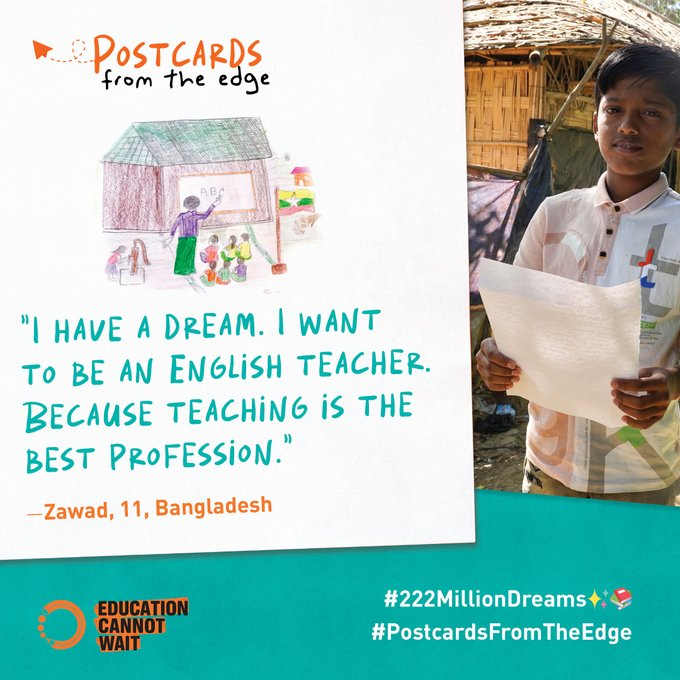 11-year-old Zawad, a refugee in #Bangladesh🇧🇩, wants his community &amp; family to prioritize education.    

With support from <a href="/UNICEFBD/">UNICEF Bangladesh</a> + <a href="/EduCannotWait/">Education Cannot Wait</a> his dreams are coming true.

Learn more in his inspiring #PostcardsFromTheEdge👉bit.ly/3DcFl5s 

#KeepHopeAlive