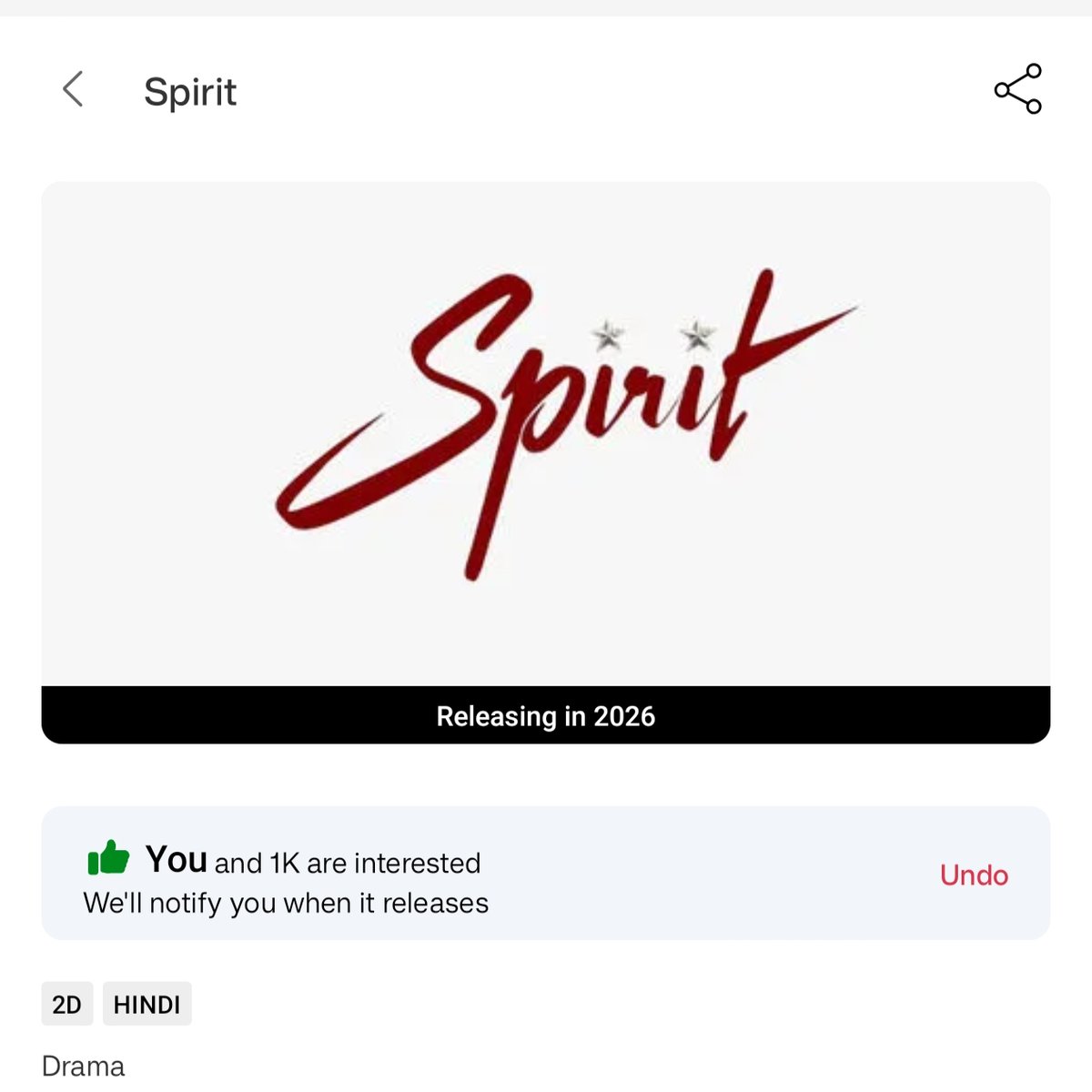 #Spirit Profile is now live on BookMyShow. Mark Your Interest for #Spirit now 🔥🔥

"SPIRIT Begins This SEPT"
in.bookmyshow.com/movies/hyderab…