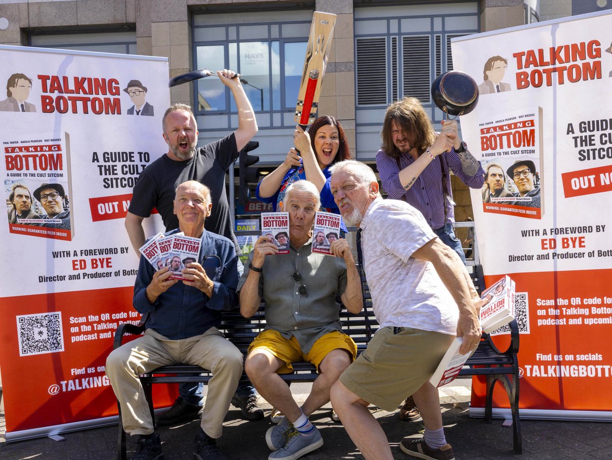 talkingbottom's tweet image. Honoured to have been joined today at Rik’s bench by producer Paul Jackson, actor Roger Sloman (Mr Harrison) and Lee Cornes (Dick Head) - who really put the book to good use! amazon.co.uk/Talking-Bottom…
