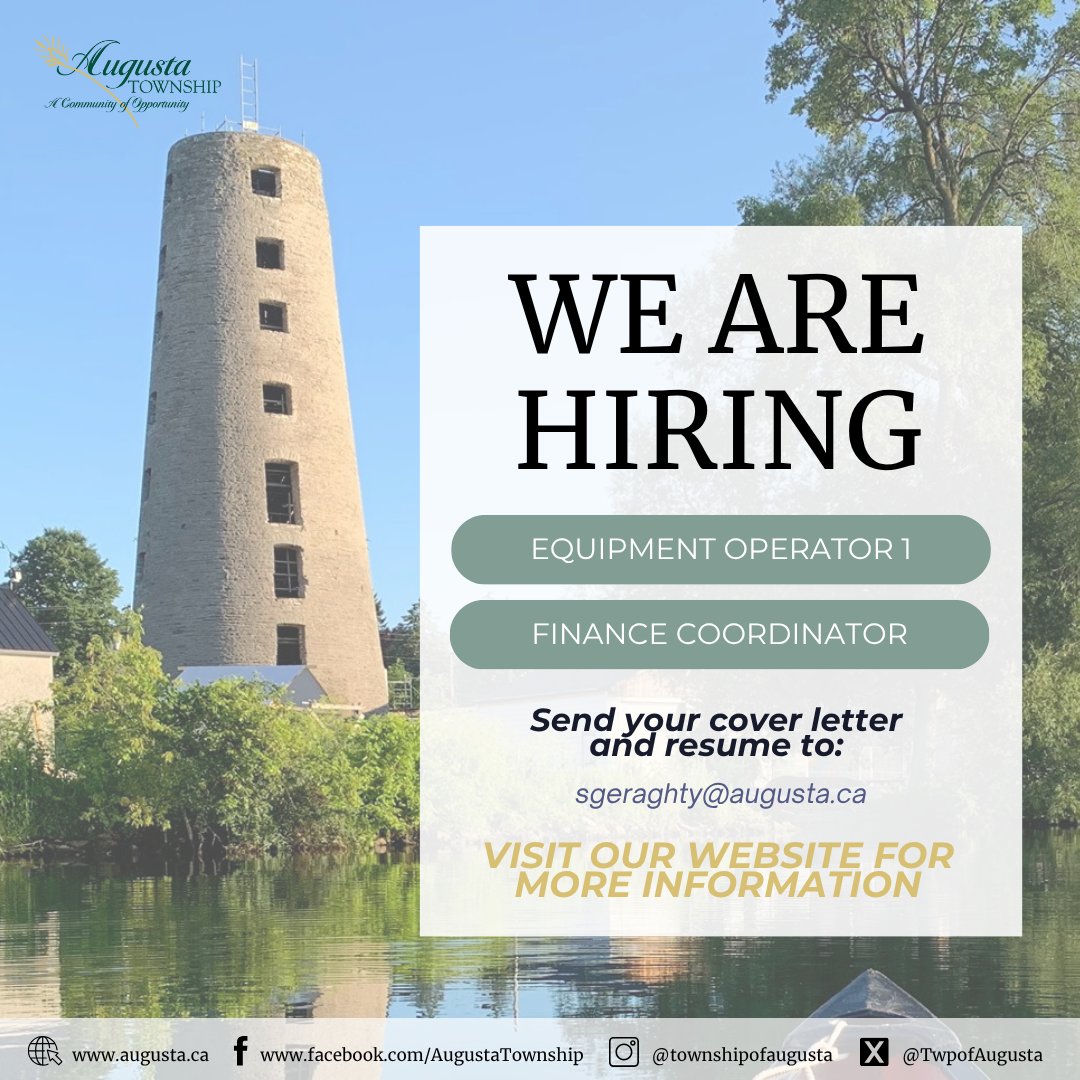 AUGUSTA TOWNSHIP IS HIRING We are currently accepting applications for the following positions:  Public Works – Equipment Operator 1 and a Finance Coordinator Visit our website for more details: augusta.ca/jobopportuniti…