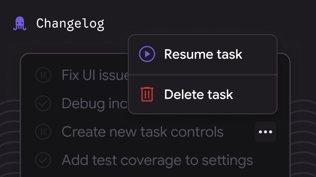 julesagent's tweet image. New stuff alert: Improved task controls and other 💅 UI delight
- Pause, resume, and delete tasks—without losing your sense of place. Available from sidebar and repo view.
- You can even quickly copy task urls!
- Non-urgent task icons are now more recessive
- Certain hover…