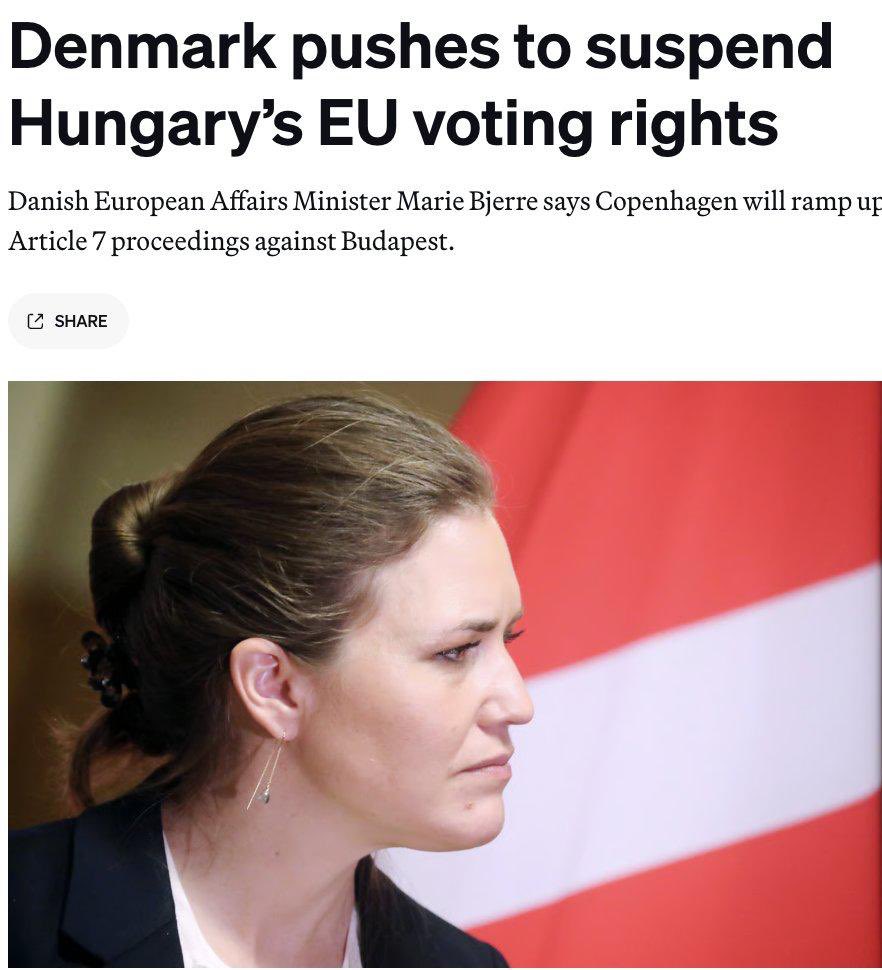 Maks_NAFO_FELLA's tweet photo. 🇩🇰❗️🇭🇺 Denmark is pushing the EU to fully pursue Article 7 sanctions against Hungary over rule-of-law violations and its blockade of Ukraine’s EU membership, - Politici
Minister Marie Bjerre says Brussels must consider cutting funds and take all legal steps to hold Hungary accountable.