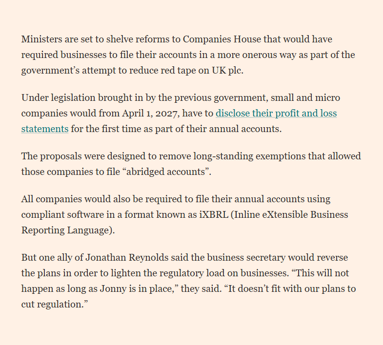 owenboswarva's tweet photo. FT reports that UK Labour plans to kill Companies House transparency reforms that would require firms to disclose profit and loss figures online:
Changes to small UK company filing rules to be shelved https://t.co/n10lk4ac32
#opendata #datastandards https://t.co/1Hc9IssHXa