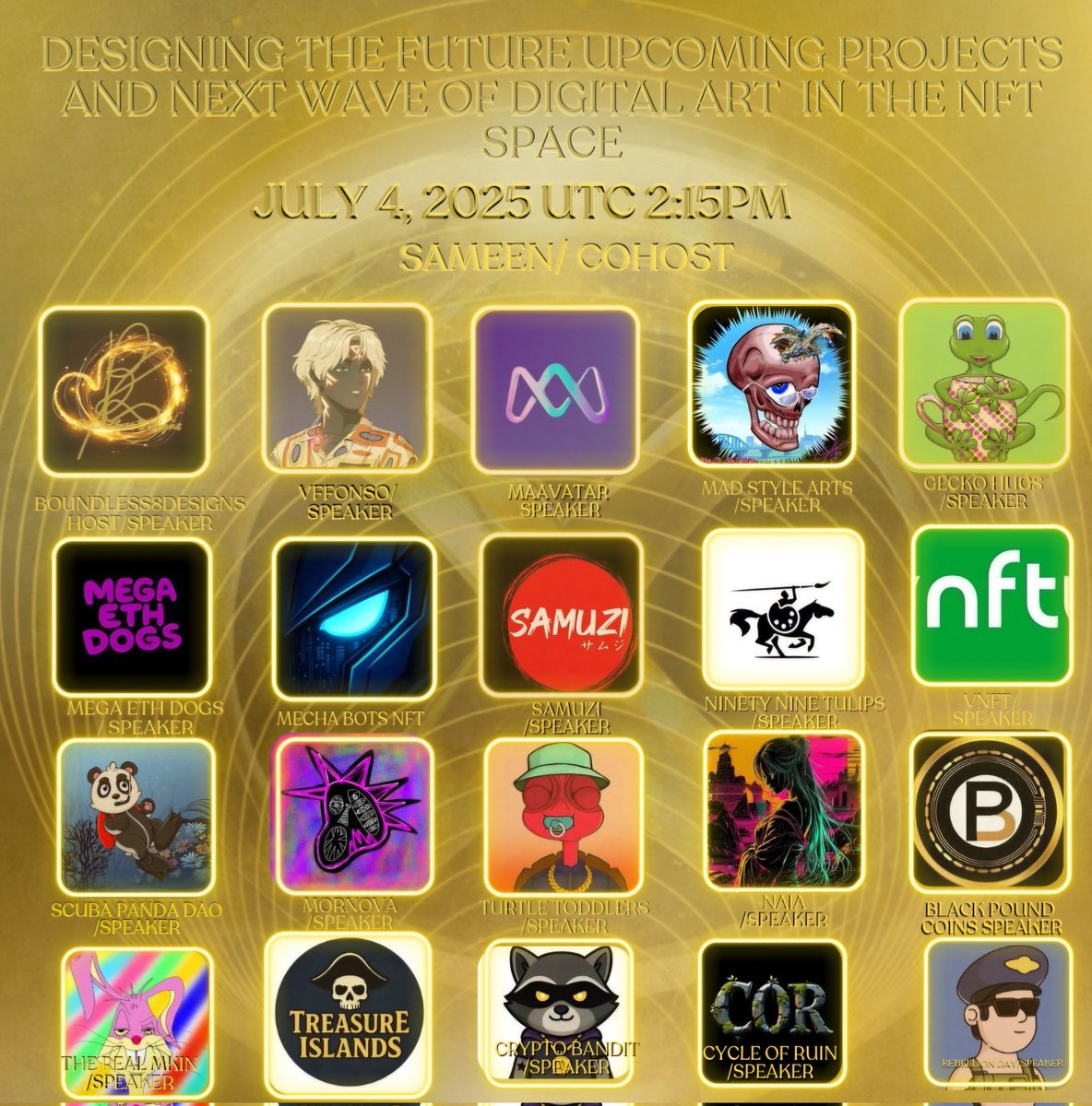 8BOUNDLESS8DESIGNS8 (@8boundless) on Twitter photo Join us again July 4, 2025 2:15PM UTC mega space hosted by <a href="/8BOUNDLESS/">8BOUNDLESS8DESIGNS8</a> speakers <a href="/0xVffonso/">VFFONSO</a> <a href="/MaAvatarmeta/">MaAvatar</a> <a href="/RamenRumblegame/">Ramen Rumble | RTS Mobile Game</a> <a href="/cryptobanditpet/">CryptoBanditPets</a> <a href="/MadStyleArts/">Mad Style NFTs</a> <a href="/GeckoHugsNFT/">GeckoHugsNFT</a> <a href="/MegaEth_Dogs/">MegaEth Dogs</a> <a href="/The_MechaVerse/">MechaBotsNFT</a> <a href="/therealmkin/">The RealM kins</a> <a href="/samuziNFT/">SAMUZI</a> <a href="/ADuaras/">Ninetynine Tulips</a> <a href="/vnftycom/">vnfty</a> <a href="/ScubaPandaDAO/">Scuba Panda DAO</a> <a href="/MornovaArt/">MornovaArt</a> Join us again July 4, 2025 2:15PM UTC mega space hosted by <a href="/8BOUNDLESS/">8BOUNDLESS8DESIGNS8</a> speakers <a href="/0xVffonso/">VFFONSO</a> <a href="/MaAvatarmeta/">MaAvatar</a> <a href="/RamenRumblegame/">Ramen Rumble | RTS Mobile Game</a> <a href="/cryptobanditpet/">CryptoBanditPets</a> <a href="/MadStyleArts/">Mad Style NFTs</a> <a href="/GeckoHugsNFT/">GeckoHugsNFT</a> <a href="/MegaEth_Dogs/">MegaEth Dogs</a> <a href="/The_MechaVerse/">MechaBotsNFT</a> <a href="/therealmkin/">The RealM kins</a> <a href="/samuziNFT/">SAMUZI</a> <a href="/ADuaras/">Ninetynine Tulips</a> <a href="/vnftycom/">vnfty</a> <a href="/ScubaPandaDAO/">Scuba Panda DAO</a> <a href="/MornovaArt/">MornovaArt</a>