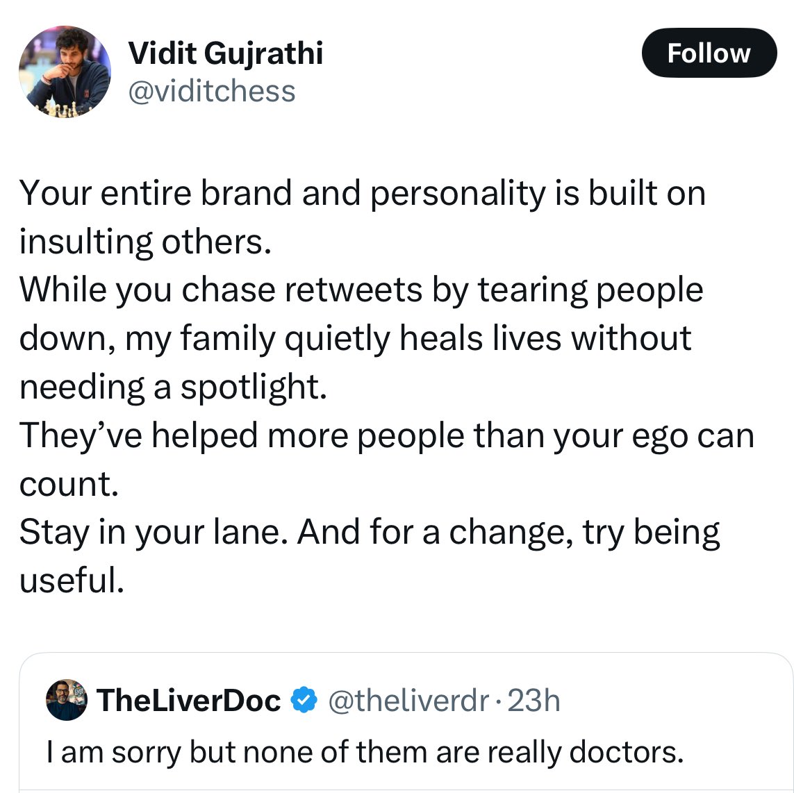 E-Kalesh b/w X-User @/theliverdoc and Indian Chess player Vidit Gujrathi: