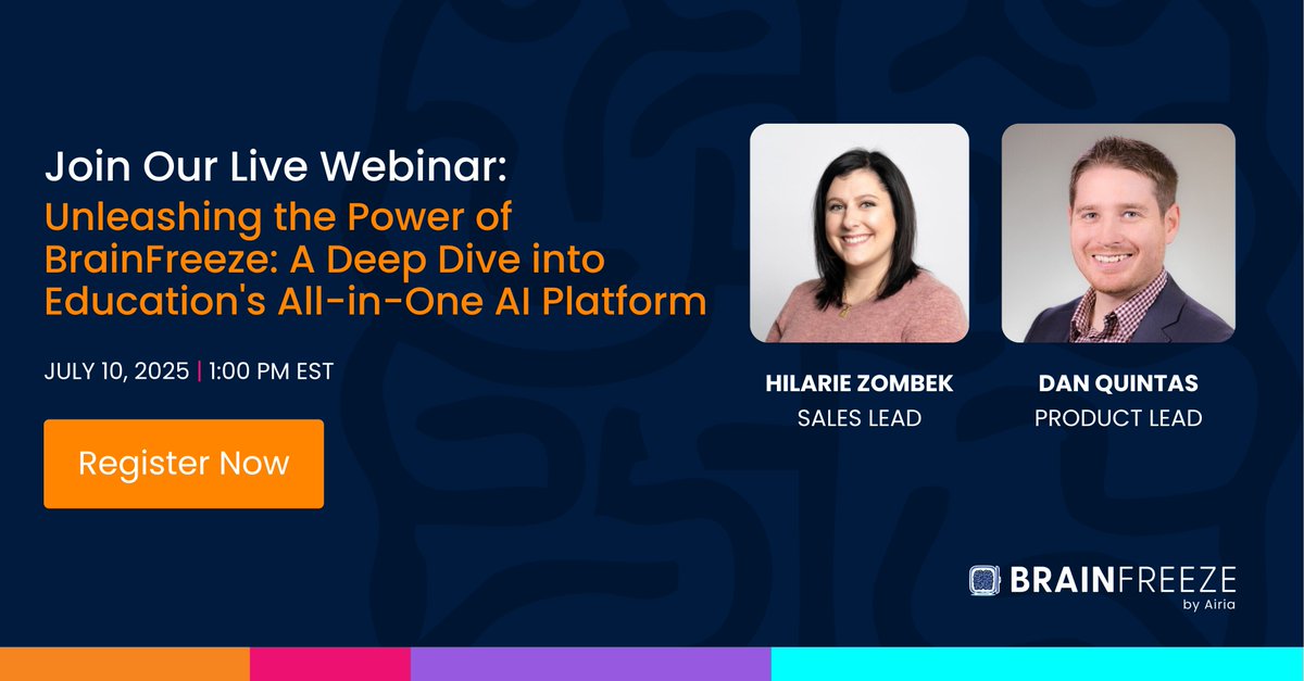 BrainFreeze_AI's tweet image. Ready to transform your school with AI?
Join our free webinar: Unleashing the Power of BrainFreeze with Hilarie Zombek & Dan Quintas!
🗓️ July 10 | ⏰ 1PM ET
💡 AI for lesson plans, grading & more
🎥 Can’t join live? Register for the recording: bit.ly/4nm2Xd0
