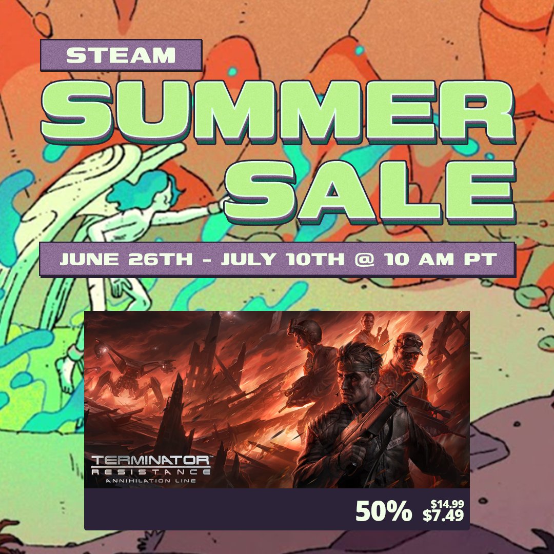 Reef_Games's tweet image. 🔆 Steam Summer Sale is underway, BIG #TerminatorResistance savings! 🔆

Terminator: Resistance - 75% OFF! 💥
🔗: (bit.ly/ter_res_steam)

Terminator: Resistance Annihilation Line - 50% OFF! 🔥
🔗: (bit.ly/tr_al_steam)

Sale ends 10/07/25 at 6PM BST.