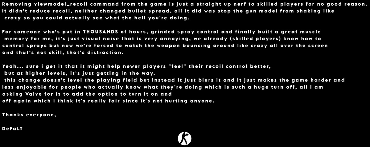 Why missing the Viewmodel_recoil command messes up the gameplay feeling for Counter-Strike: 

<a href="/CounterStrike/">CS2</a>