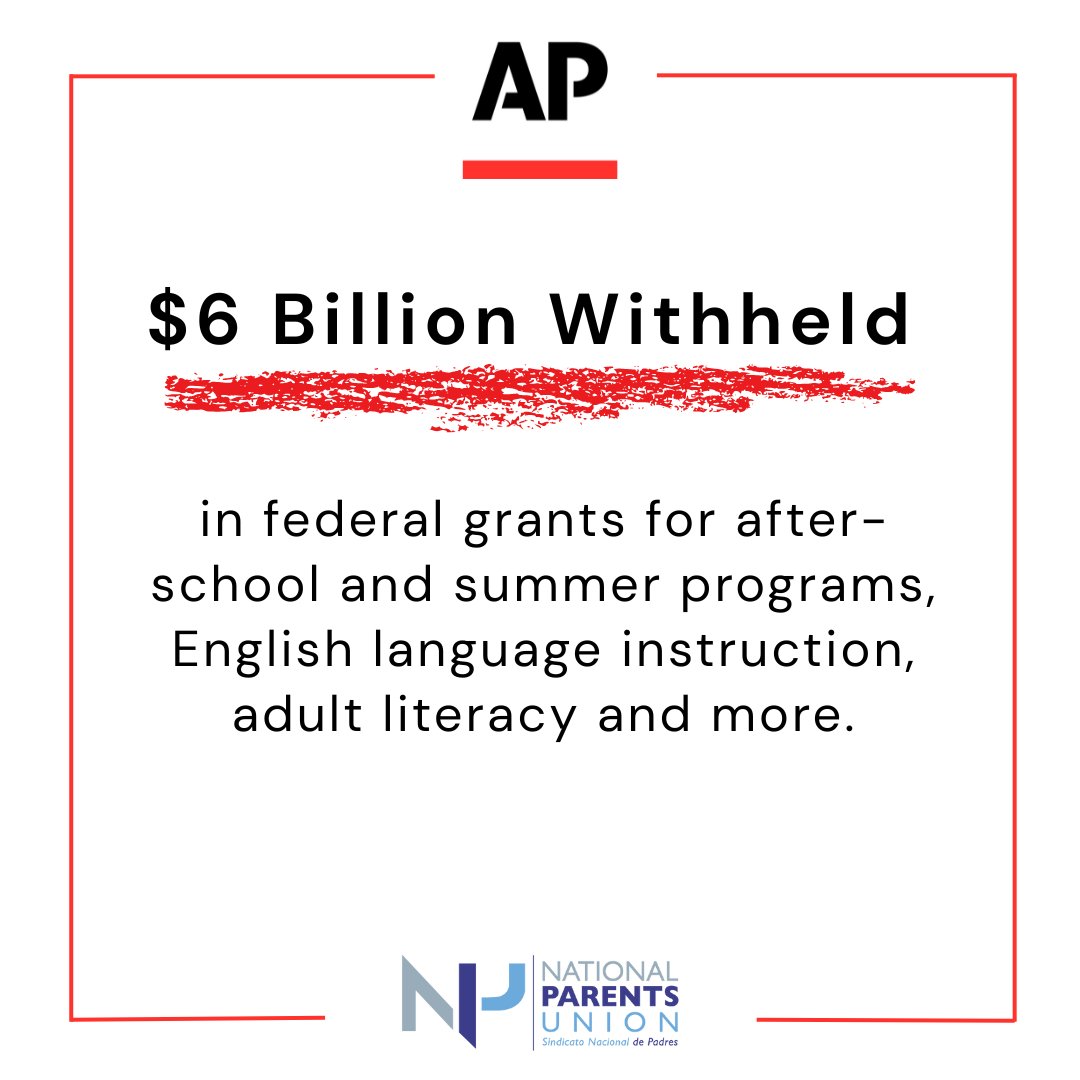 NationalParents's tweet image. Donald Trump has withheld $6 BILLION in federal grants, slashing funding for after-school & summer programs, English language instruction, adult literacy and more.
This isn’t leadership, it’s sabotage of our kids' futures. We won't stay silent while our communities are attacked.…