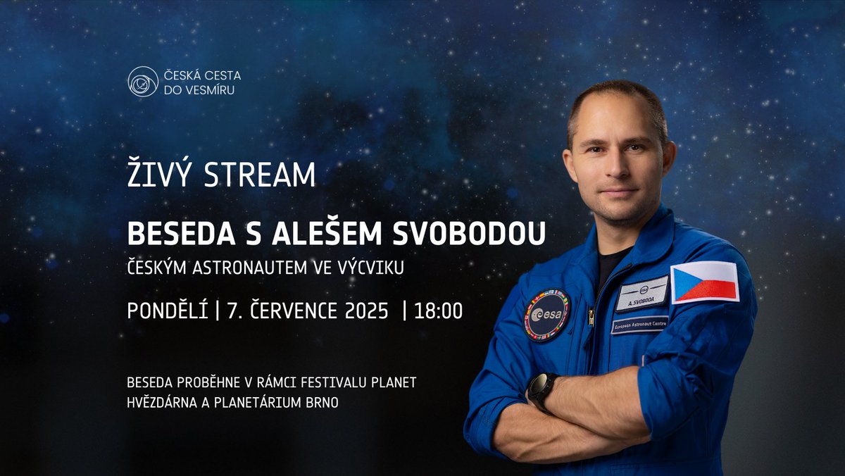 vzhurudovesmiru (@vzhurudovesmiru) on Twitter photo Nenechte si ujít debatu s českým astronautem ve výcviku! Záložní astronaut ESA, stíhací pilot <a href="/astro_ales/">Aleš Svoboda</a> Svoboda bude hostem na #FESTIVALPLANETBRNO. Moderují Tomáš Přibyl a Jiří Dušek, ředitel <a href="/HvezdarnaBrno/">Hvězdárna a planetárium Brno</a>.
Sledujte živý přenos u nás na Facebooku nebo na Youtube kanále Nenechte si ujít debatu s českým astronautem ve výcviku! Záložní astronaut ESA, stíhací pilot <a href="/astro_ales/">Aleš Svoboda</a> Svoboda bude hostem na #FESTIVALPLANETBRNO. Moderují Tomáš Přibyl a Jiří Dušek, ředitel <a href="/HvezdarnaBrno/">Hvězdárna a planetárium Brno</a>.
Sledujte živý přenos u nás na Facebooku nebo na Youtube kanále