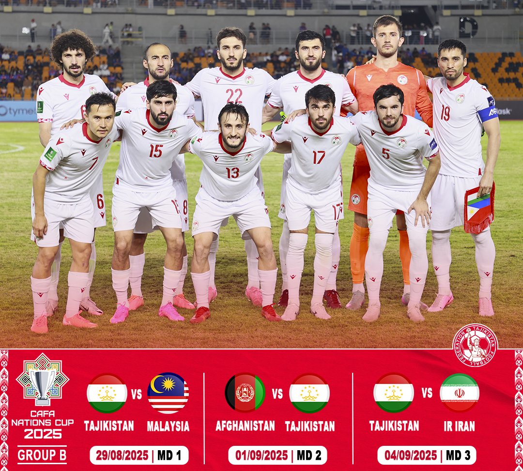 СБОРНАЯ ТАДЖИКИСТАНА НАЧНЕТ ТУРНИР «CAFA NATIONS CUP 2025» МАТЧЕМ ПРОТИВ СБОРНОЙ МАЛАЙЗИИ
Центрально-Азиатская футбольная Ассоциация обнародовала календарь игр турнира «CAFA Nations Cup 2025», который пройдет с 29 августа по 8 сентября.
fft.tj/sbornaya-tadzh…