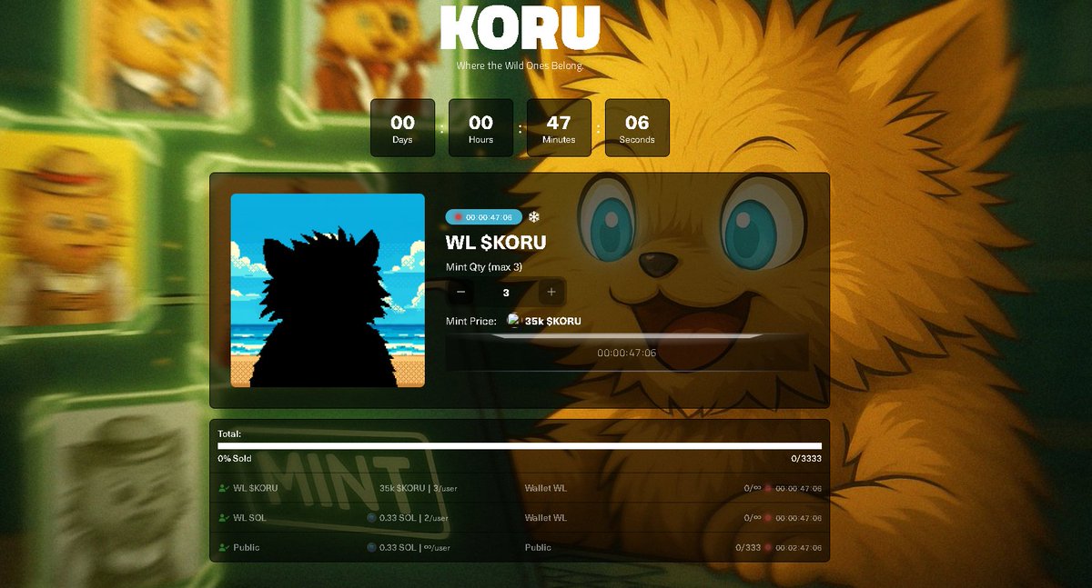 Reminder, there is an option in the WL phase to purchase using 0.33 SOL instead of 35K $KORU. It's never LATE.
<a href="/KoruSolana/">Koru</a> #NFTCommunity