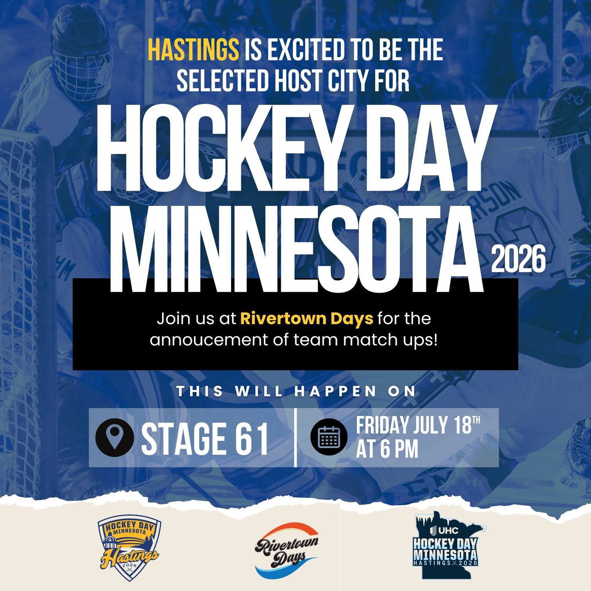 Hastings Hockey Association (@hastingshockey) on Twitter photo 🏒 Exciting news for hockey fans!
The official team matchups and date for Hockey Day Minnesota 2026 will be announced Friday, July 18 at Rivertown Days! Hastings is ecstatic to be the host city for Hockey Day MN in 2026. Heroes League <a href="/YouthHockeyHub/">YHH</a> <a href="/MNHockeyLife/">MNHockeyLife</a> <a href="/HockeyDayMN/">Hockey Day Minnesota</a> 🏒 Exciting news for hockey fans!
The official team matchups and date for Hockey Day Minnesota 2026 will be announced Friday, July 18 at Rivertown Days! Hastings is ecstatic to be the host city for Hockey Day MN in 2026. Heroes League <a href="/YouthHockeyHub/">YHH</a> <a href="/MNHockeyLife/">MNHockeyLife</a> <a href="/HockeyDayMN/">Hockey Day Minnesota</a>
