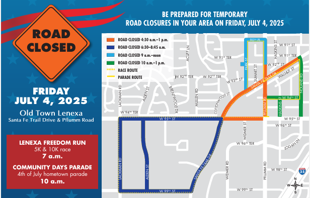 The annual Freedom Run 5/10K and Community Days Parade take place tomorrow morning as part of Lenexa's July 4th celebration. Both events take place in and around Old Town Lenexa. There will be road closures for these events all morning tomorrow, including 95th Street, Pflumm,
