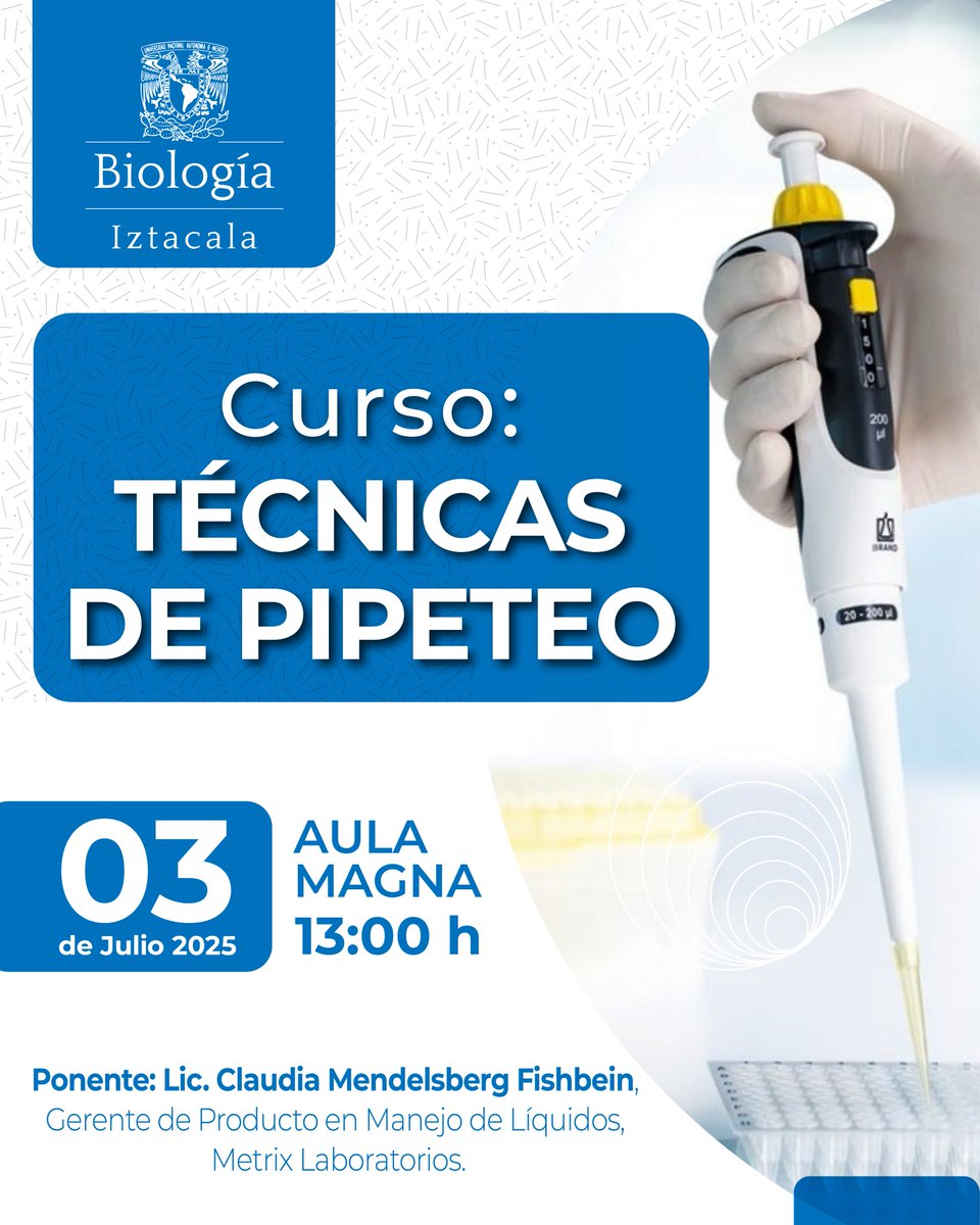 Forma parte del Curso " Técnicas de pipeteo"
🗓️ 03 julio
⏰ 13:00 h
ℹ️ Aula Magna de la #FESI #UNAM