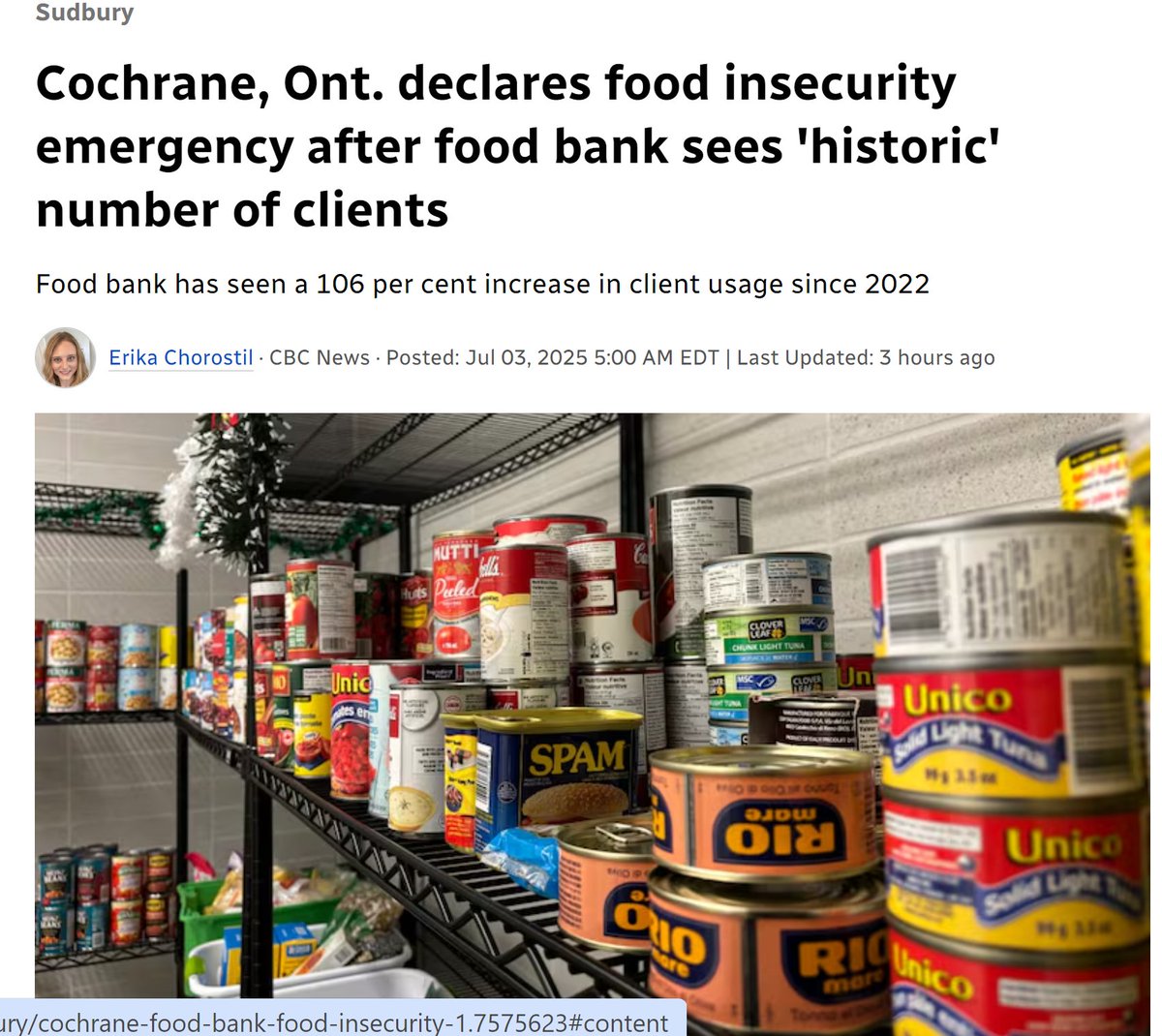 🚨🚨BREAKING 

The town of Cochrane Ontario has declared a food emergency 

as OVER 25% of the population starts using the foodbank! 

...doubling in under 3 years!