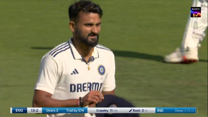 GaneshVerse's tweet image. TWO IN TWO! 🔥
Akash Deep is breathing fire at Edgbaston!
Ollie Pope joins Duckett -both back for ducks.

#ENGvINDTest #AkashDeep #DoubleStrike