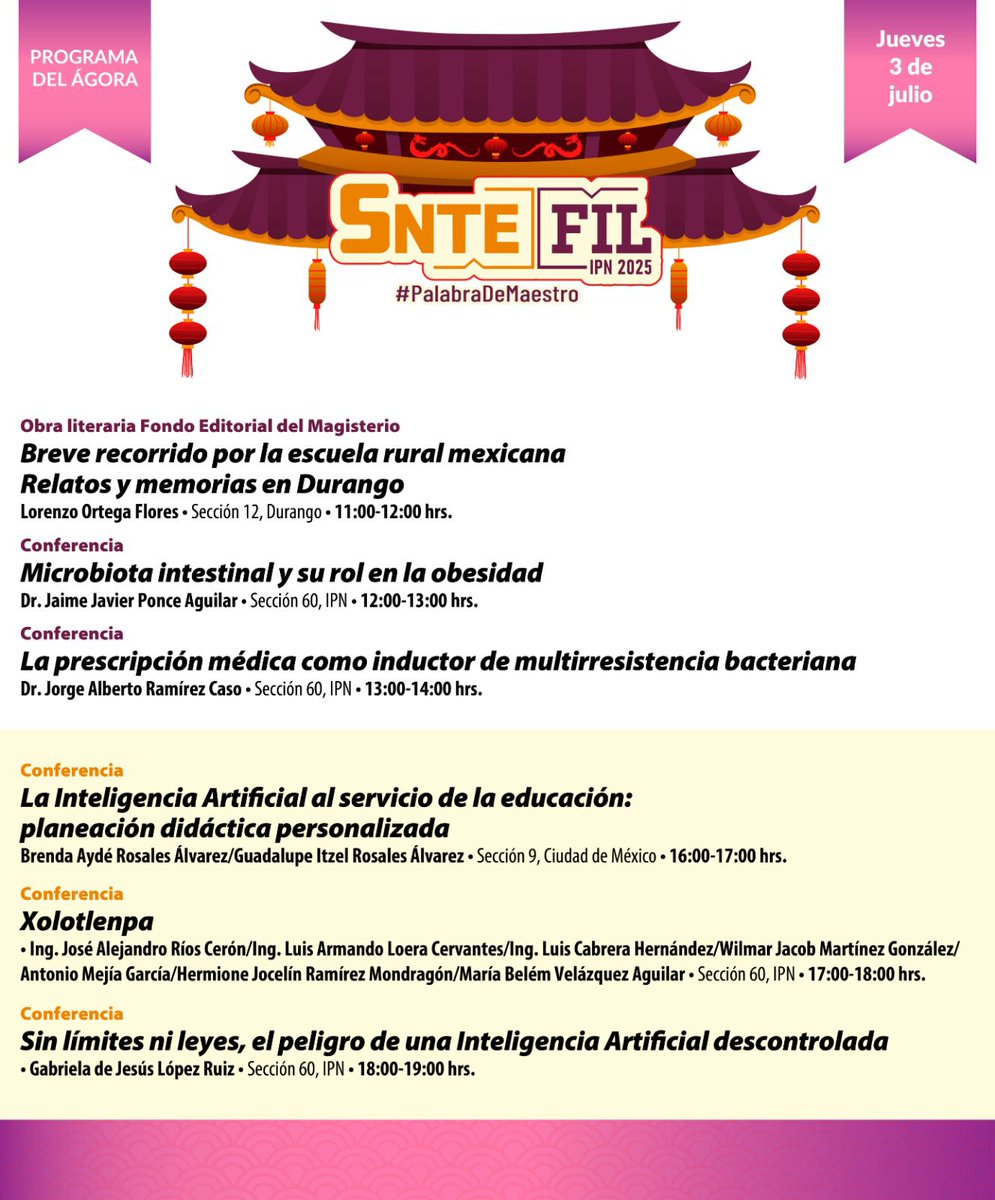 #PalabraDeMaestro ✍️

𝘼𝙜𝙚𝙣𝙙𝙖 📒|La presentación de un libro y las conferencias de hoy #3deJulio en el Ágora corresponden a las maestras y maestros de las secciones 9 de la #CdMx, 12 de #Durango y 60 del #IPN. Consulta los horarios y temas.👇