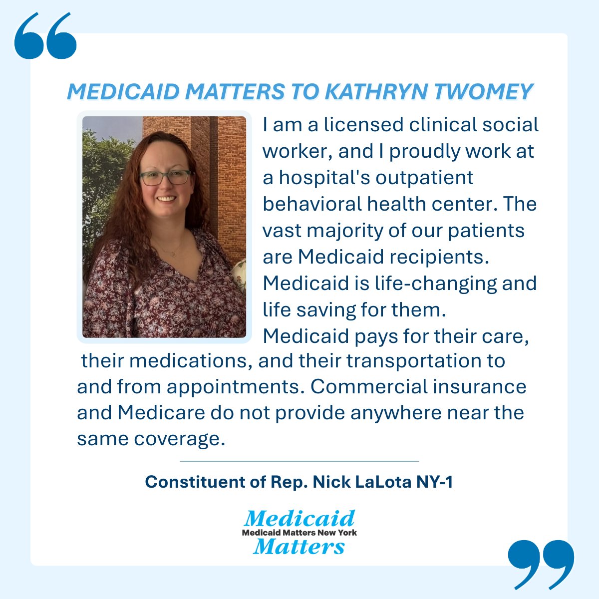 Medicaid Matters New York (@medicaidmtrsny) on Twitter photo Kathryn is a social worker who lives in NY-1. Most her clients have #Medicaid for their outpatient mental health services. Without it where would they be?
#HandsOffMedicaid #MedicaidMatters #ProtectMedicaid <a href="/RepLaLota/">Congressman Nick LaLota</a> Kathryn is a social worker who lives in NY-1. Most her clients have #Medicaid for their outpatient mental health services. Without it where would they be?
#HandsOffMedicaid #MedicaidMatters #ProtectMedicaid <a href="/RepLaLota/">Congressman Nick LaLota</a>